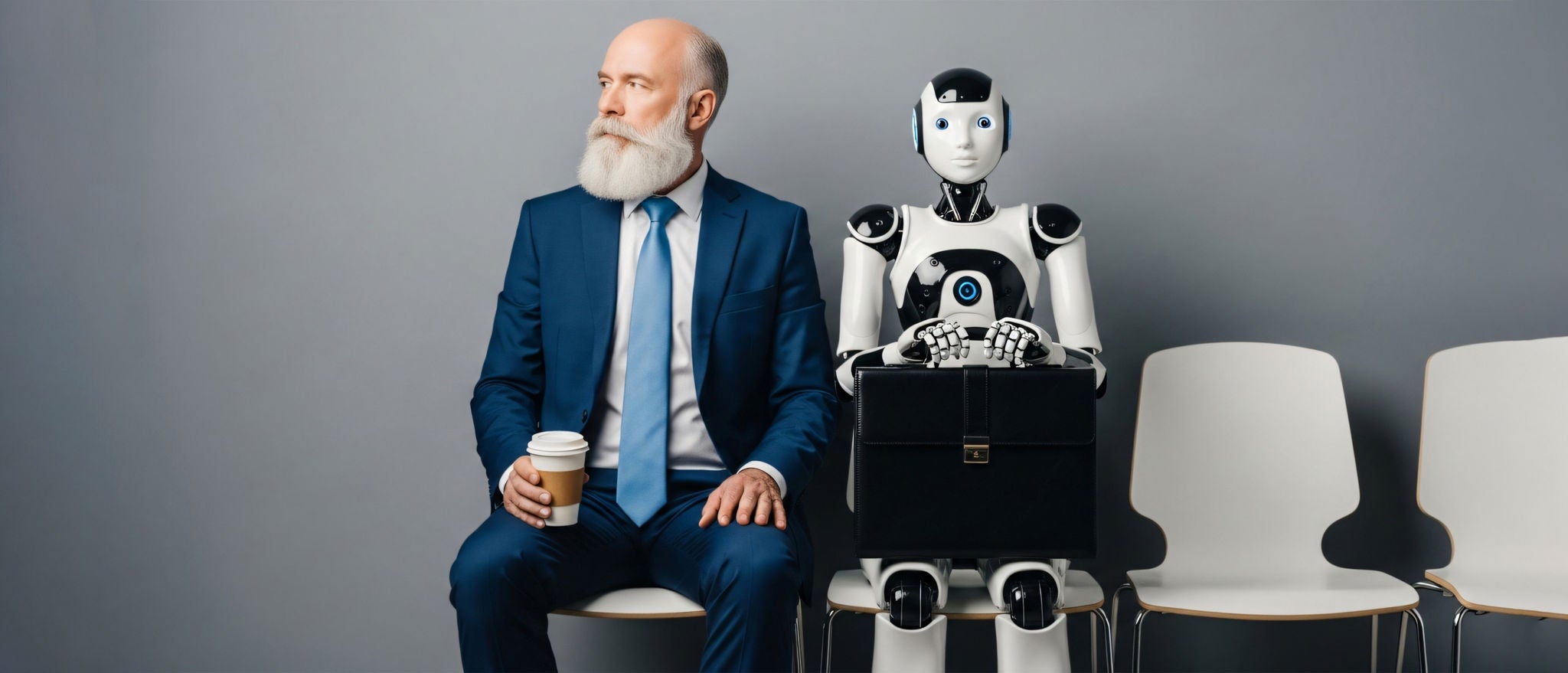 Menneske i dress og robot med stresskoffert sitter i en moderne venterom