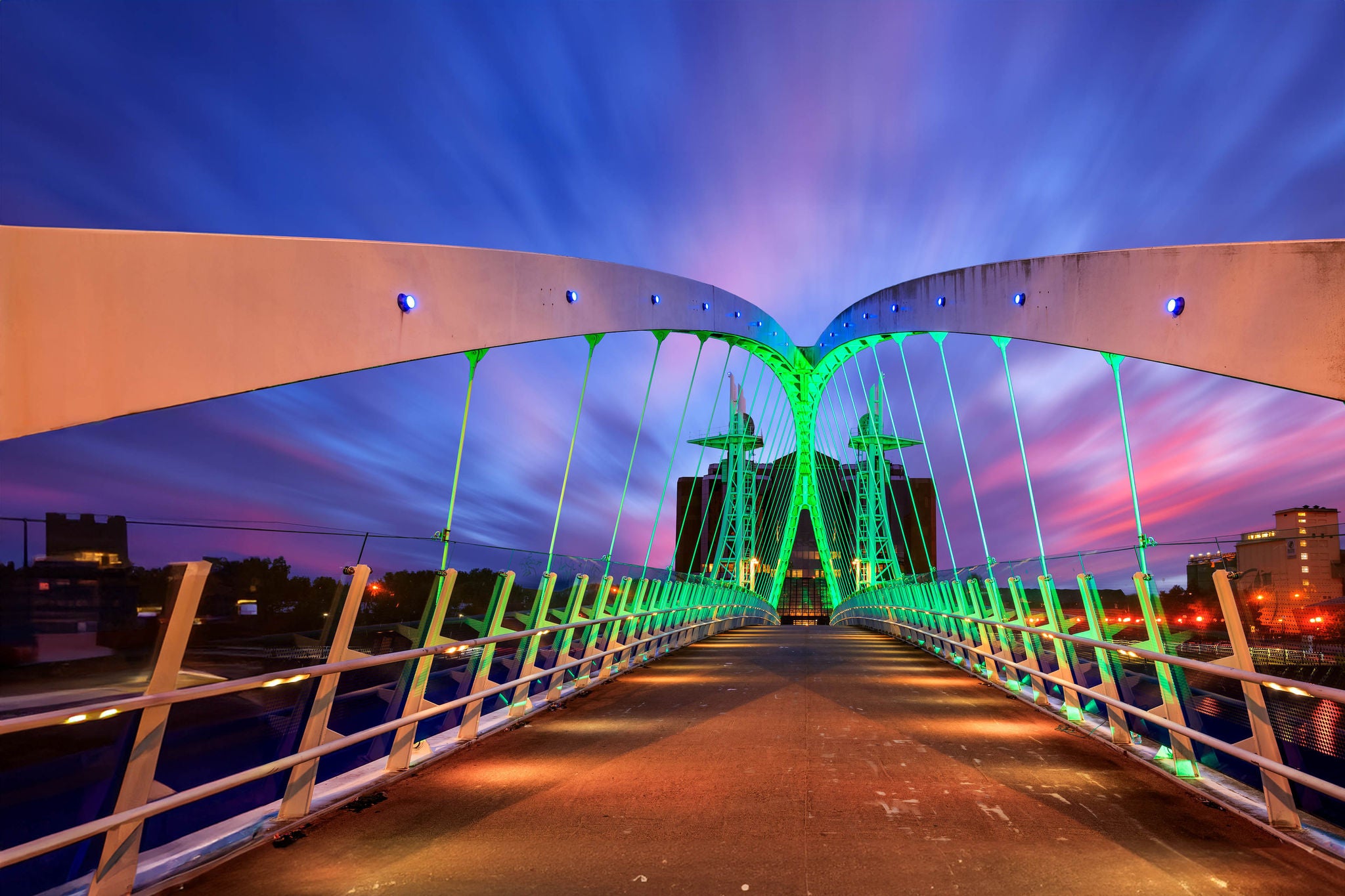 Photo of the Millenium Bridge at Salford Quays in Manchester, England at twilight blue hour.