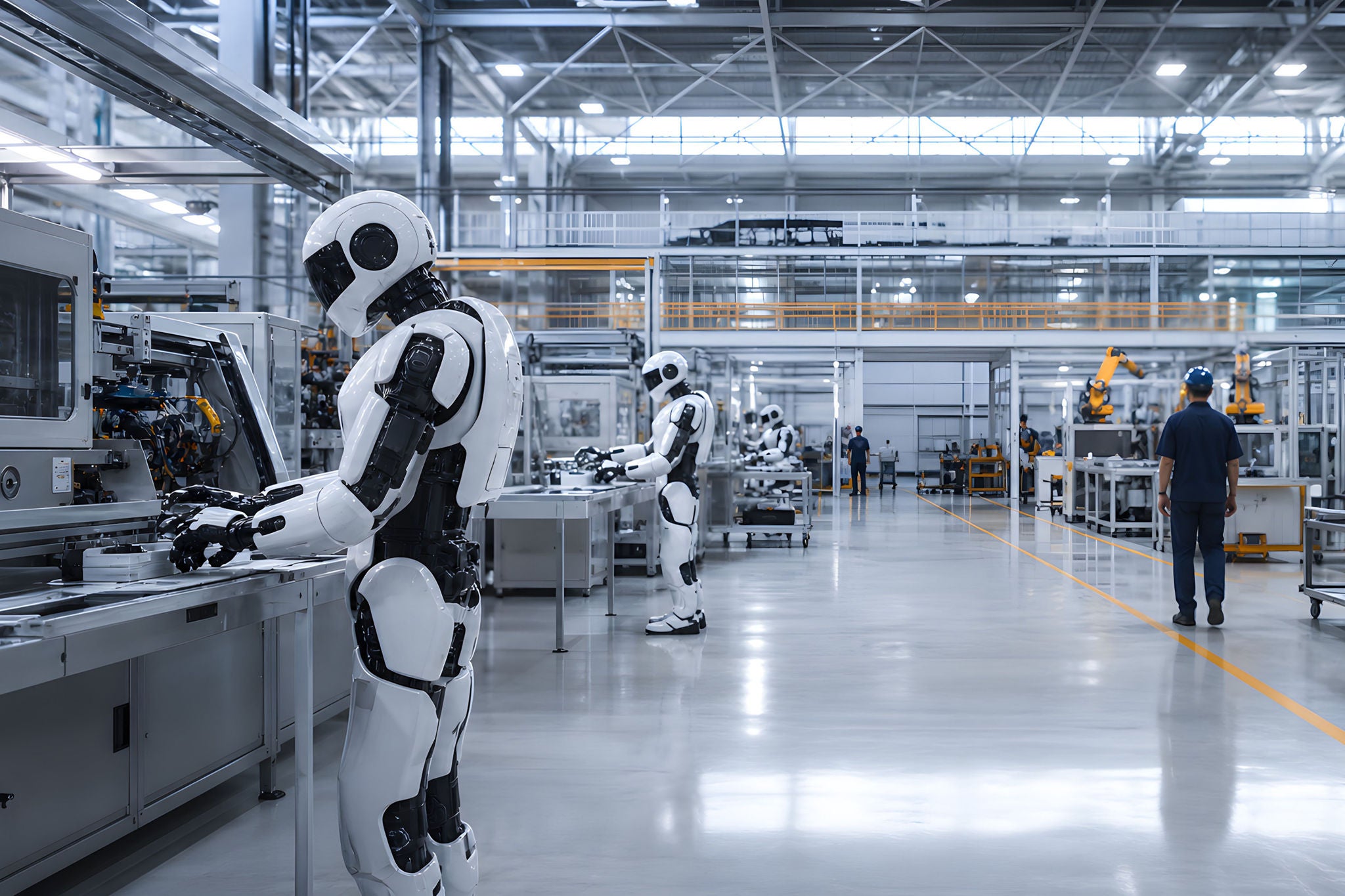 Humanoid robots and workers in smart factory