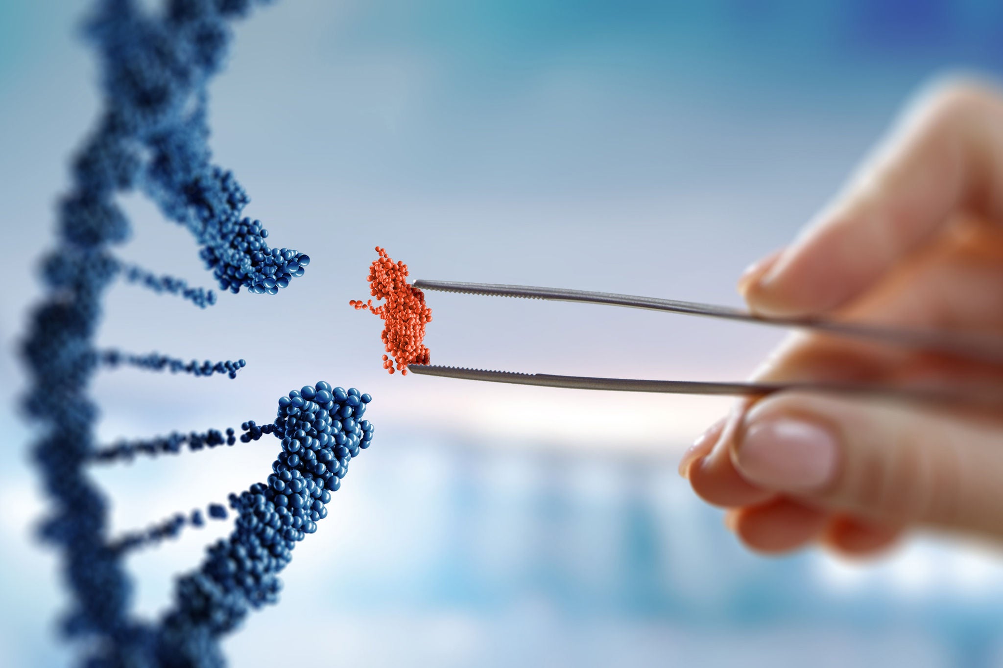 DNA‑Molekül‑Design mit weiblicher Hand, die eine Pinzette hält. Mischtechnik