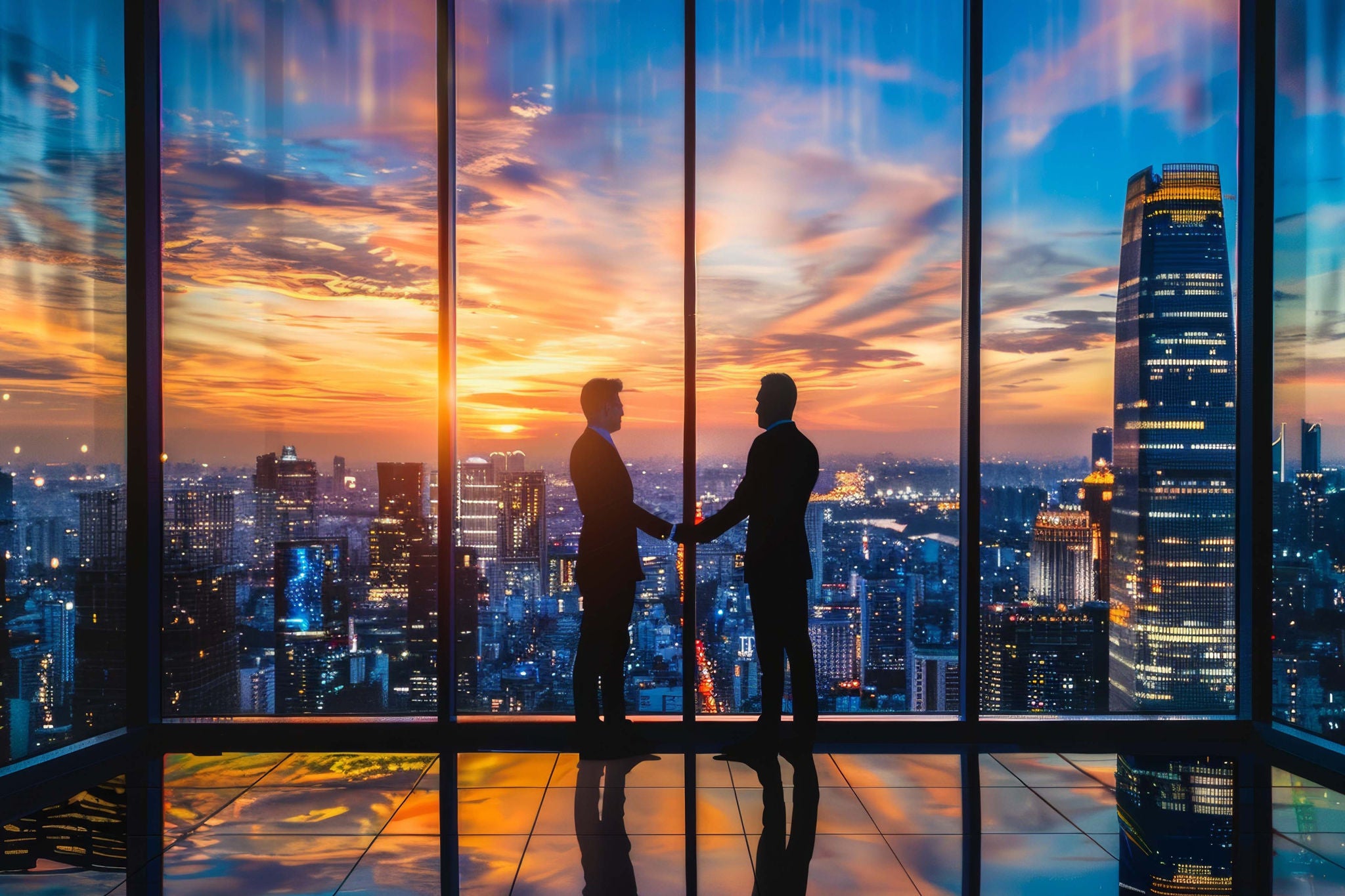 two-silhouette-businessman-shaking-hands-confirming-deal-in-front-of-big-office-windows