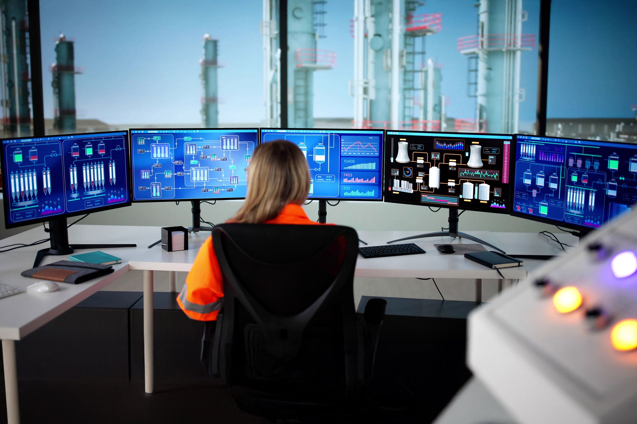 Ingeniera monitoreando operaciones de oil and gas