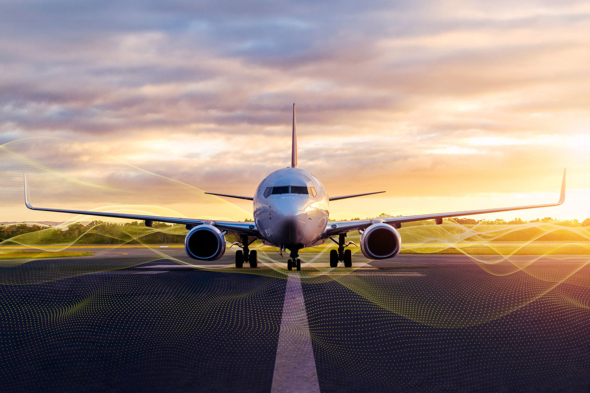 Sunset view of airplane on airport runway under dramatic sky in Hobart, Tasmania, Australia