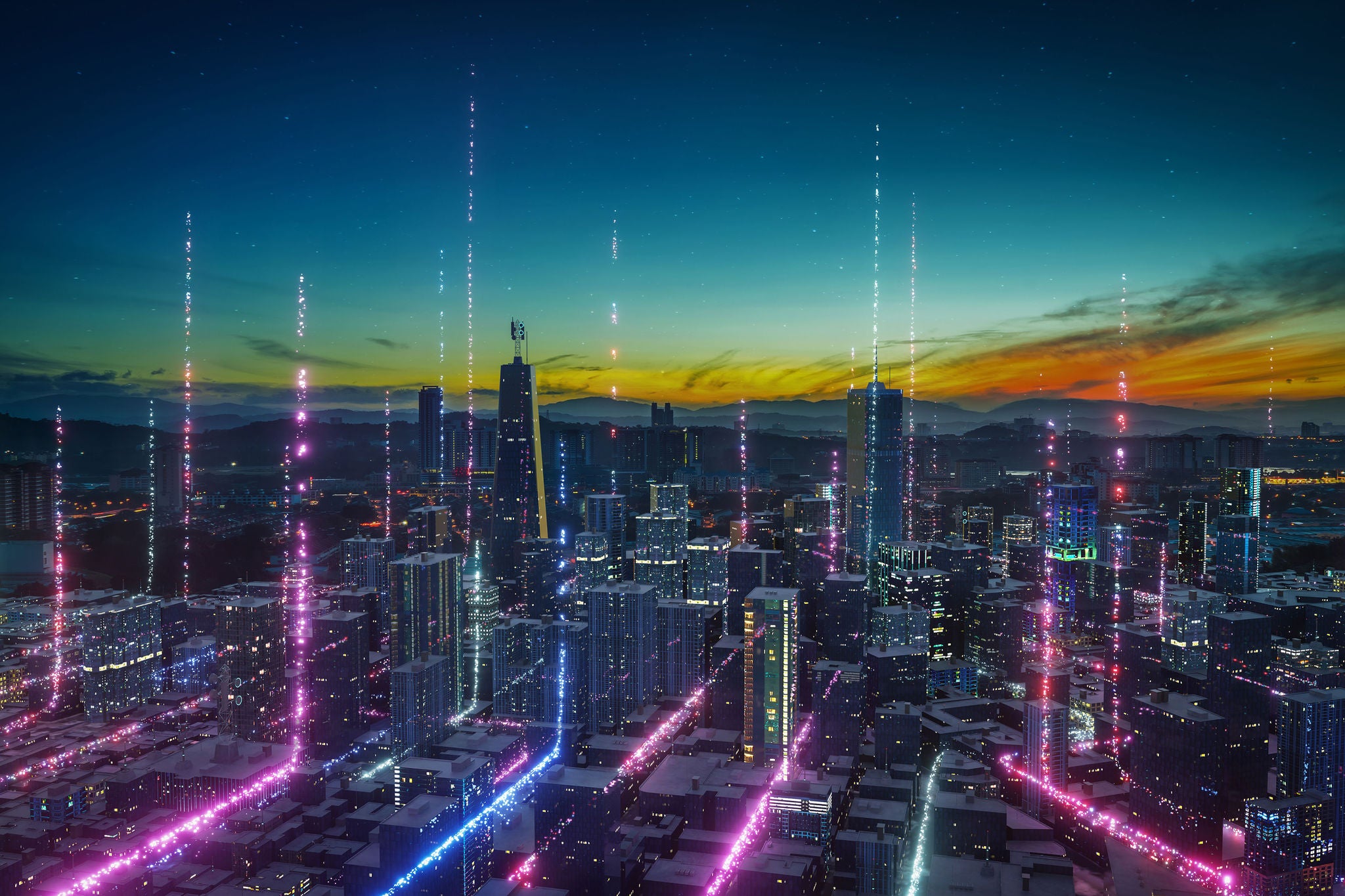 Aerial view of a city skyline at dusk with colorful digital light trails rising above buildings