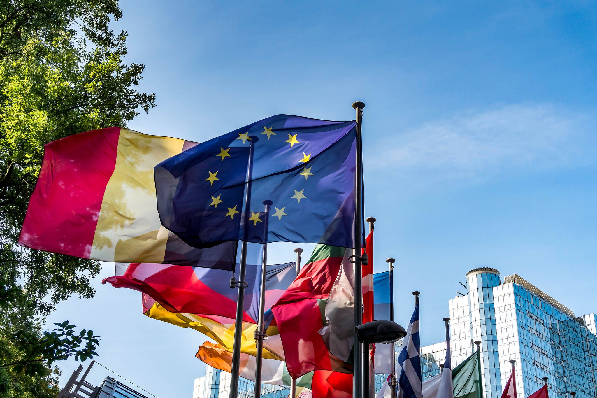 European national flags in front of European Parliament building in Brussels, Belgium