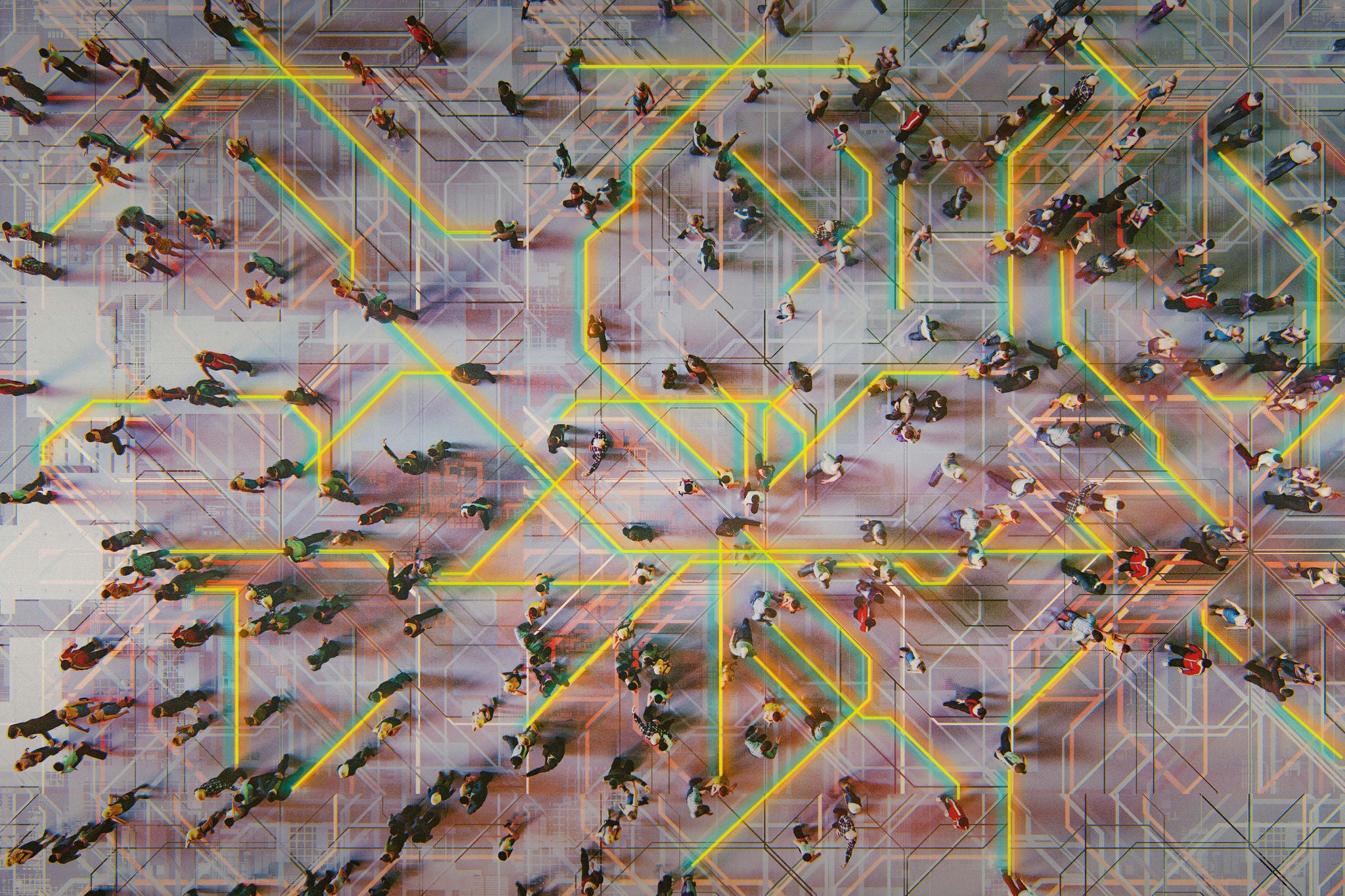 Abstract crowds of people with virtual reality street display. This is entirely 3D generated image.