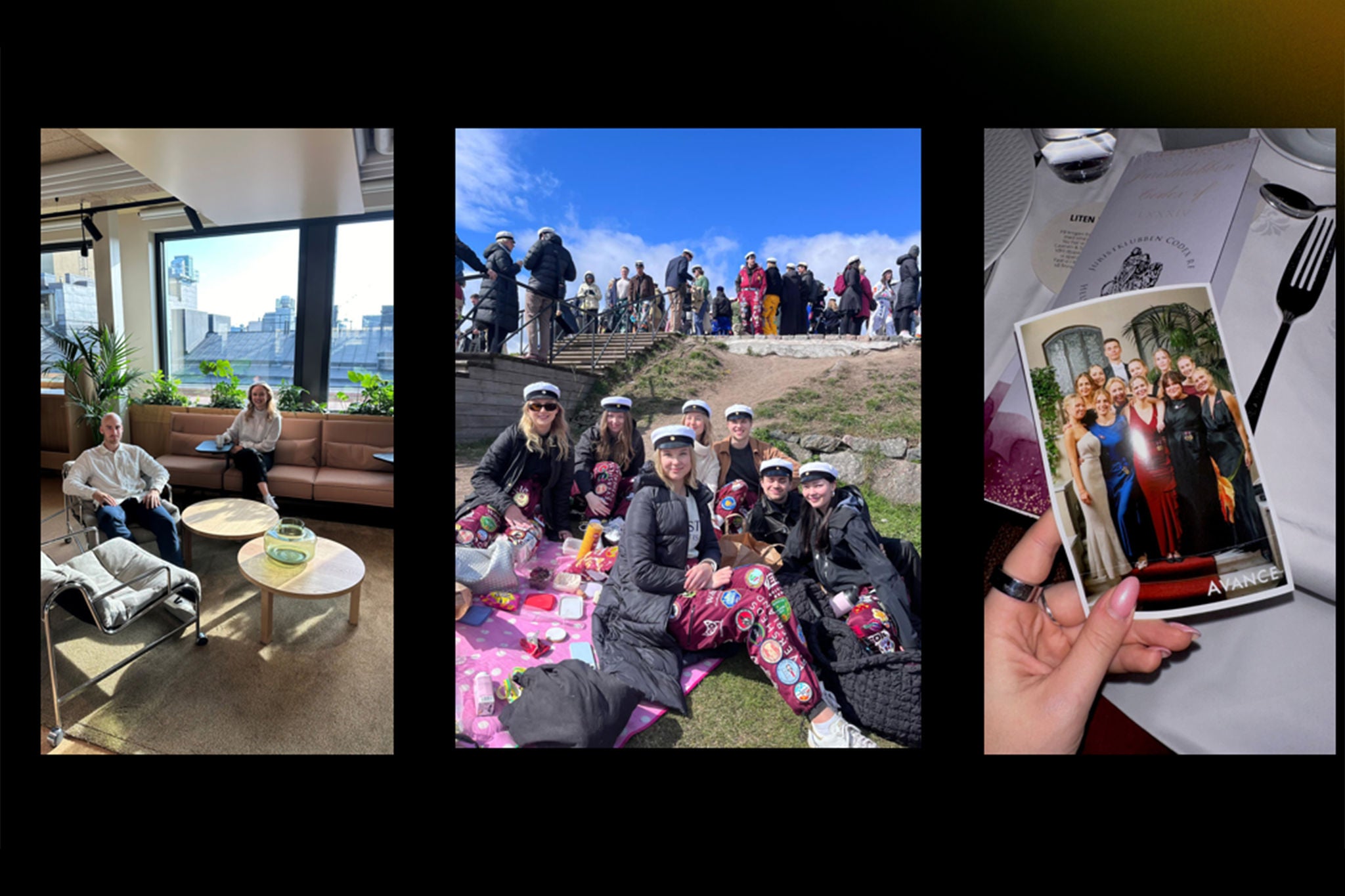 Collage of a cafe setting, group enjoying a picnic outdoors, and a hand holding a photo