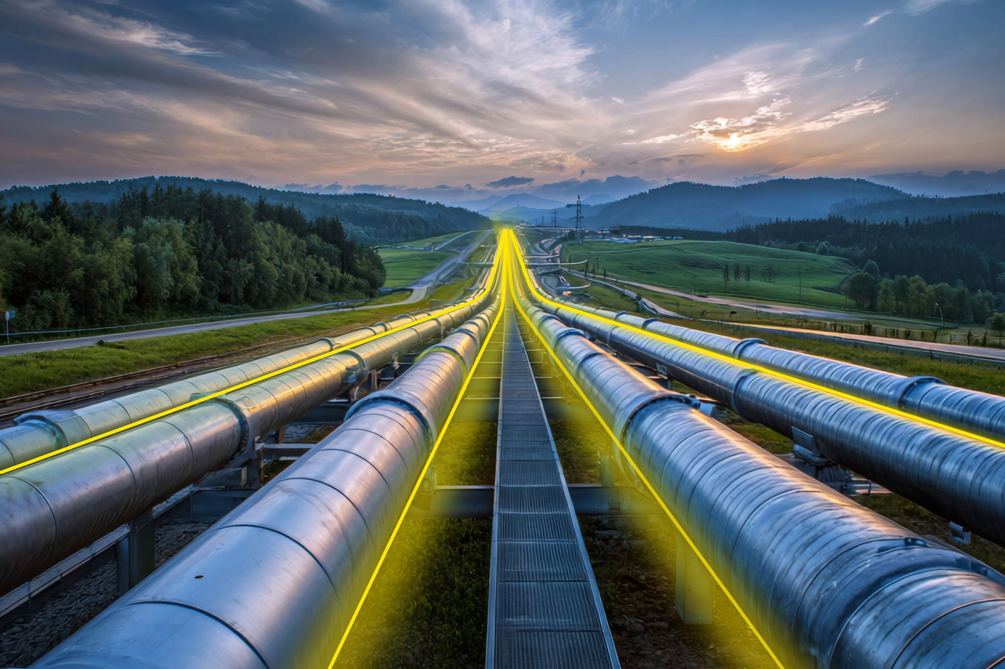 Long pipeline system transporting energy across a vast, green landscape towards a setting sun in the mountains