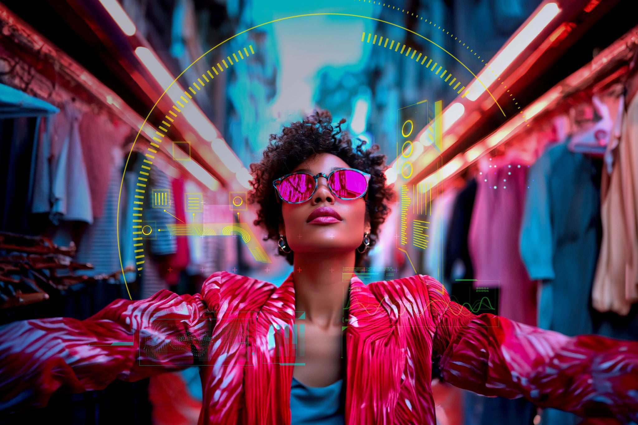 Person in a bright jacket standing in a neon-lit street with futuristic HUD elements