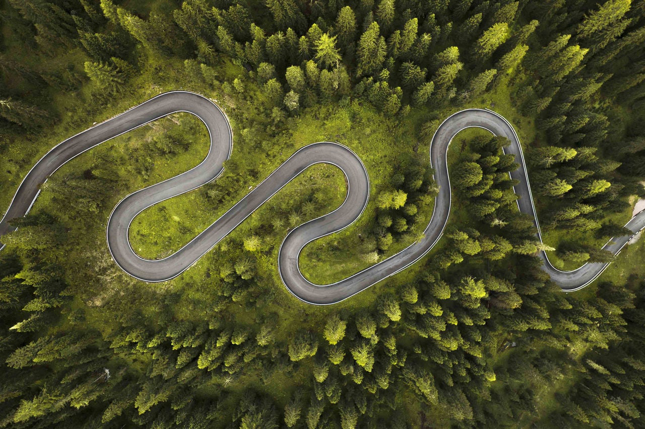 Aerial view of a serpentine road carving through a dense forest, the asphalt a stark grey ribbon amidst the vibrant green canopy, Giau Pass, Veneto, Italy.