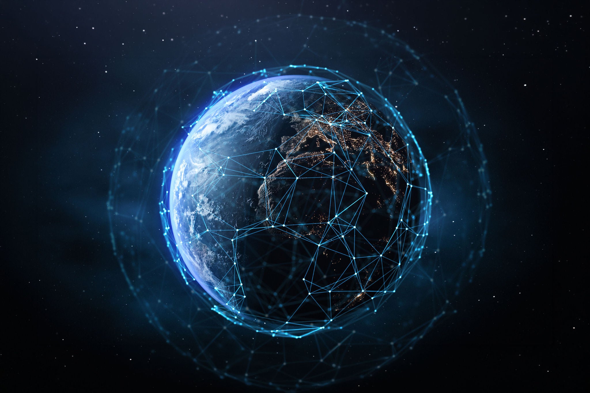 3D Render of Planet Earth with Digital Network. Night Side with Illuminated Cities Lights.