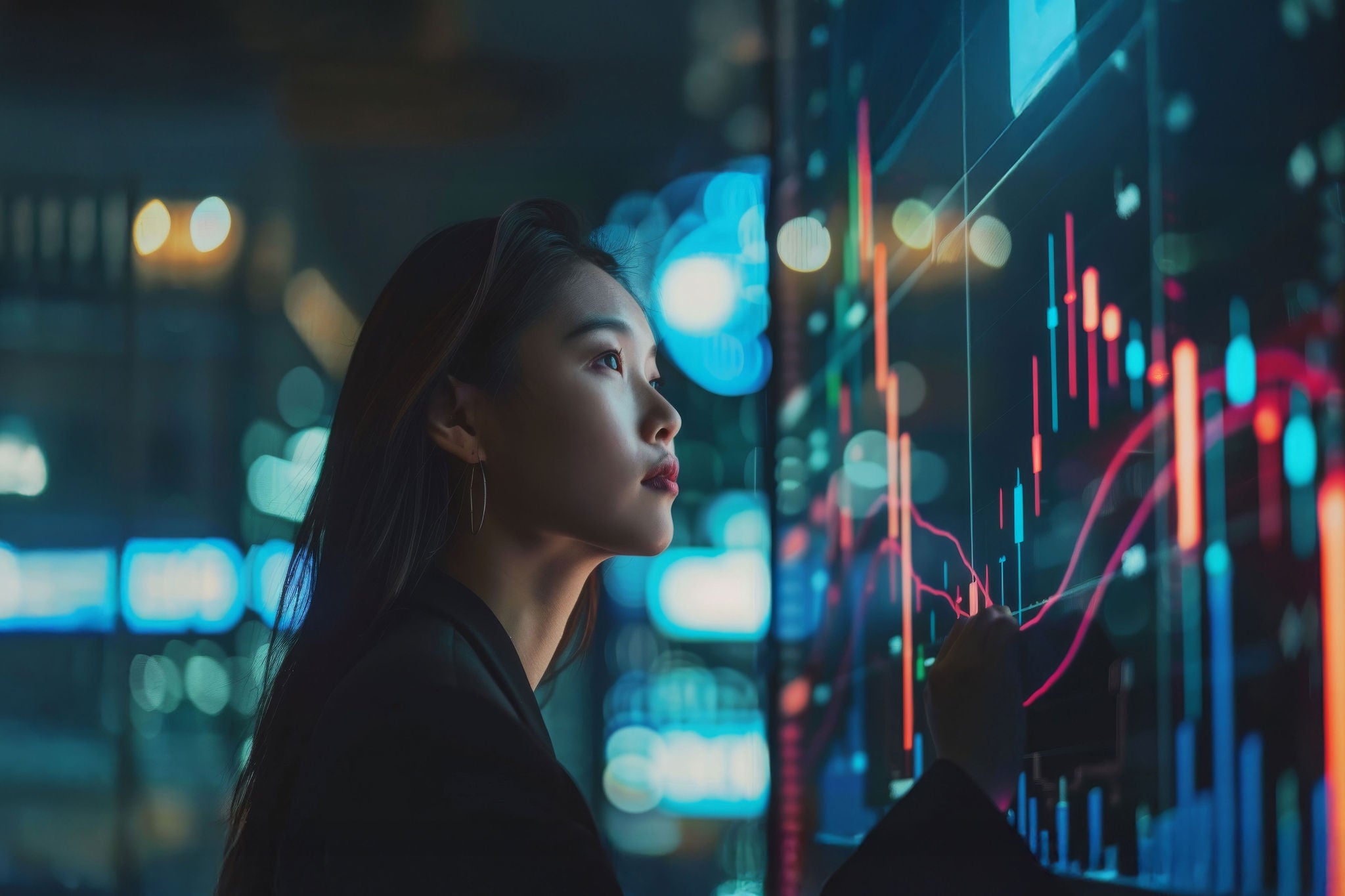Professional woman analyzing stock data with AI-driven tools, showcasing advanced financial intelligence.