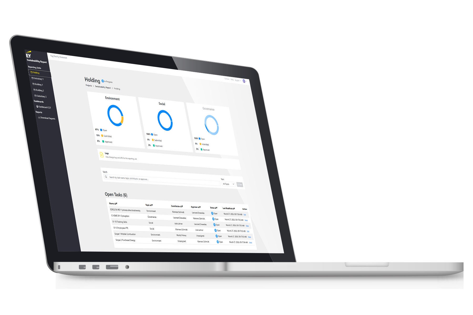 Das ESG Plug & Play Tool unterstützt klare Rollenmodelle (Contributor, Approver, Auditor) inklusive Audit Trail. Dadurch wird das ESG Reporting Tool transparent, nachvollziehbar und prüfungssicher – ein zentraler Vorteil moderner ESG-Technologie.