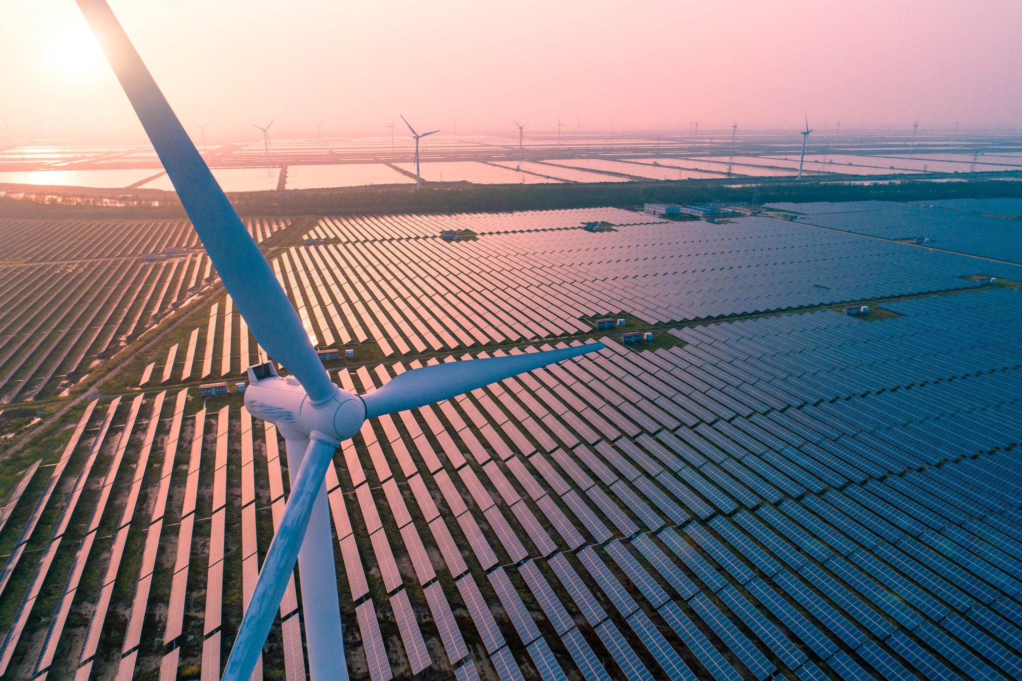 Wind turbine next to a large solar panel field