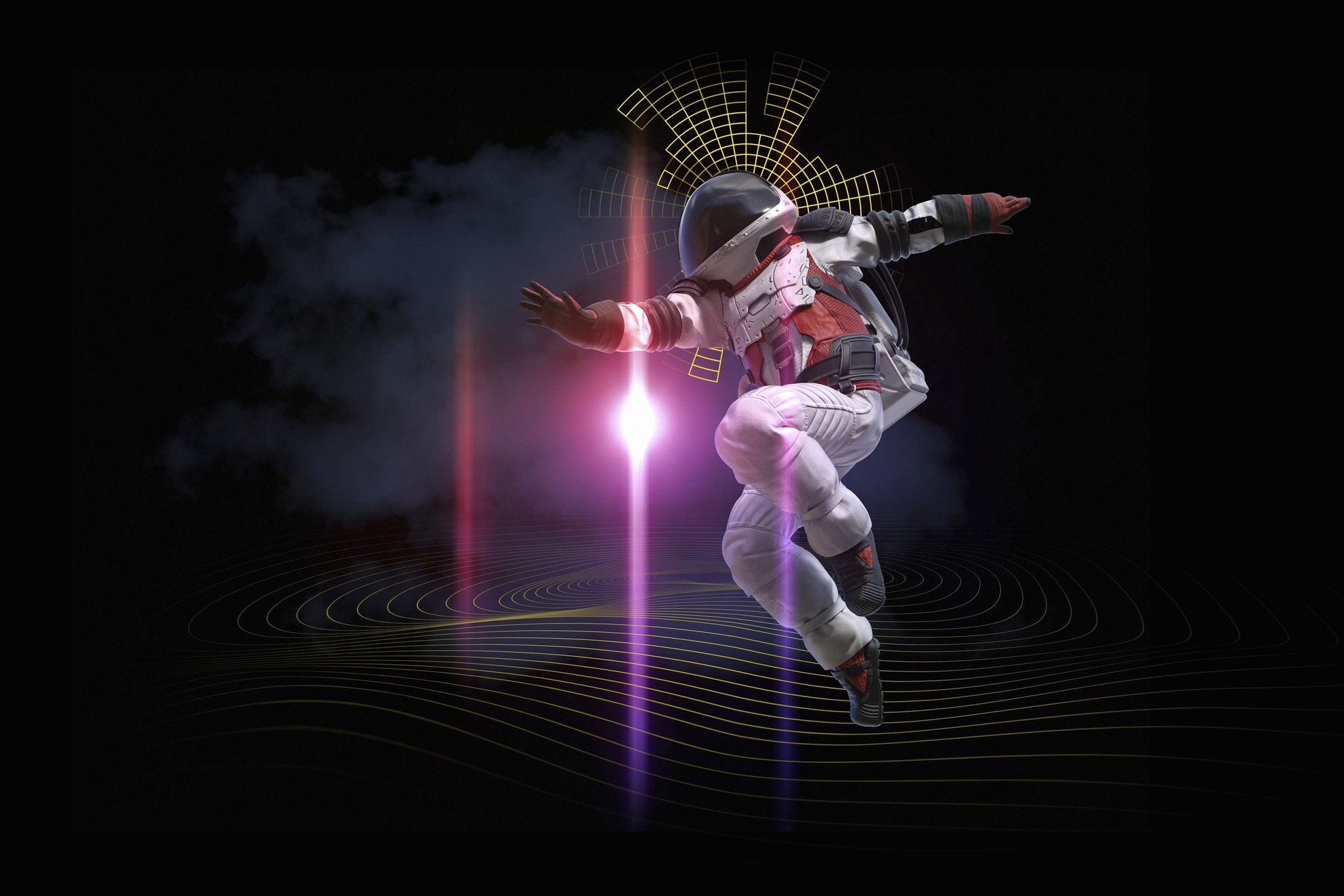 An astronaut in a mid-air jump pose with graphical visuals