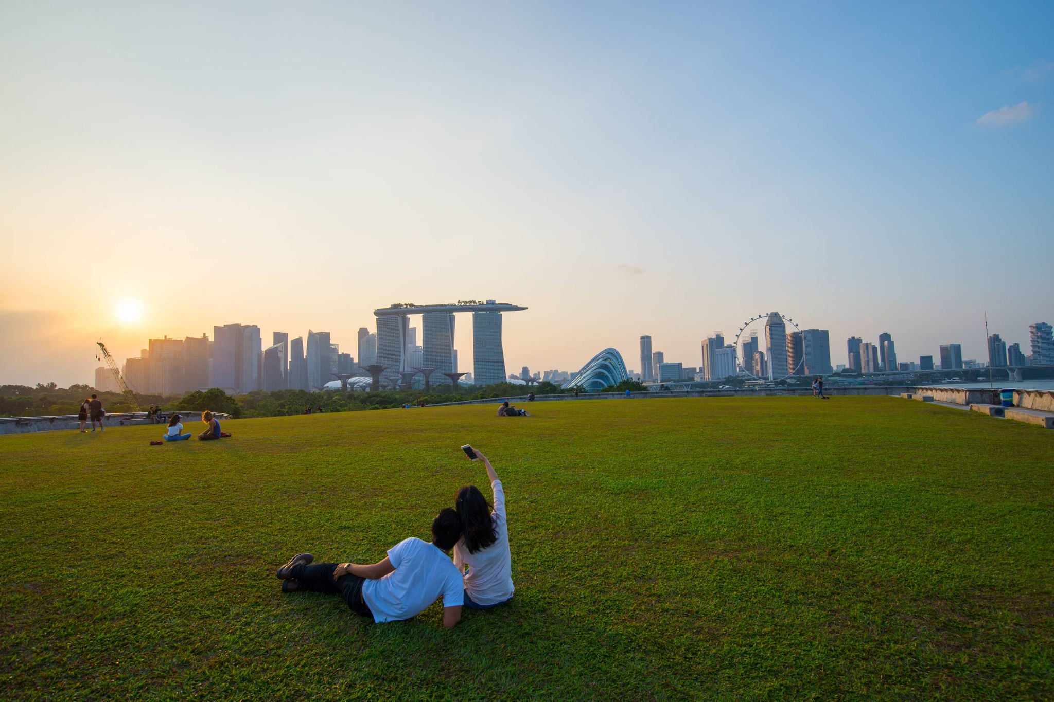 Singapore skyline at sunset with people on grass.
