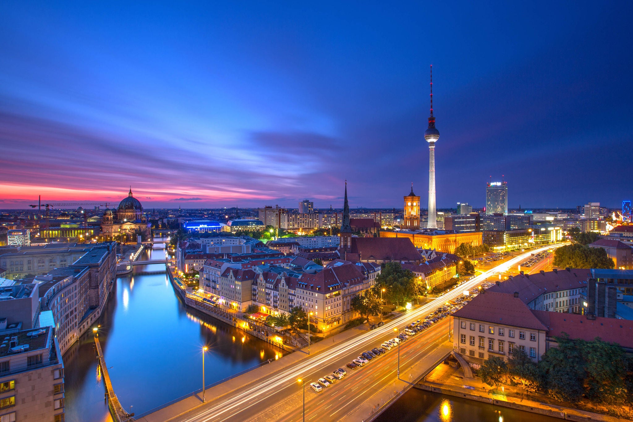 Berlin Skyline City Panorama with Traffic and Sunset
