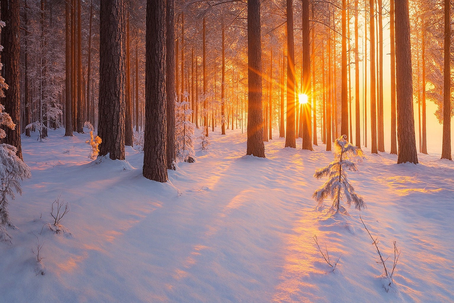 Sunlight shining through tall pine trees in a snowy forest during sunrise