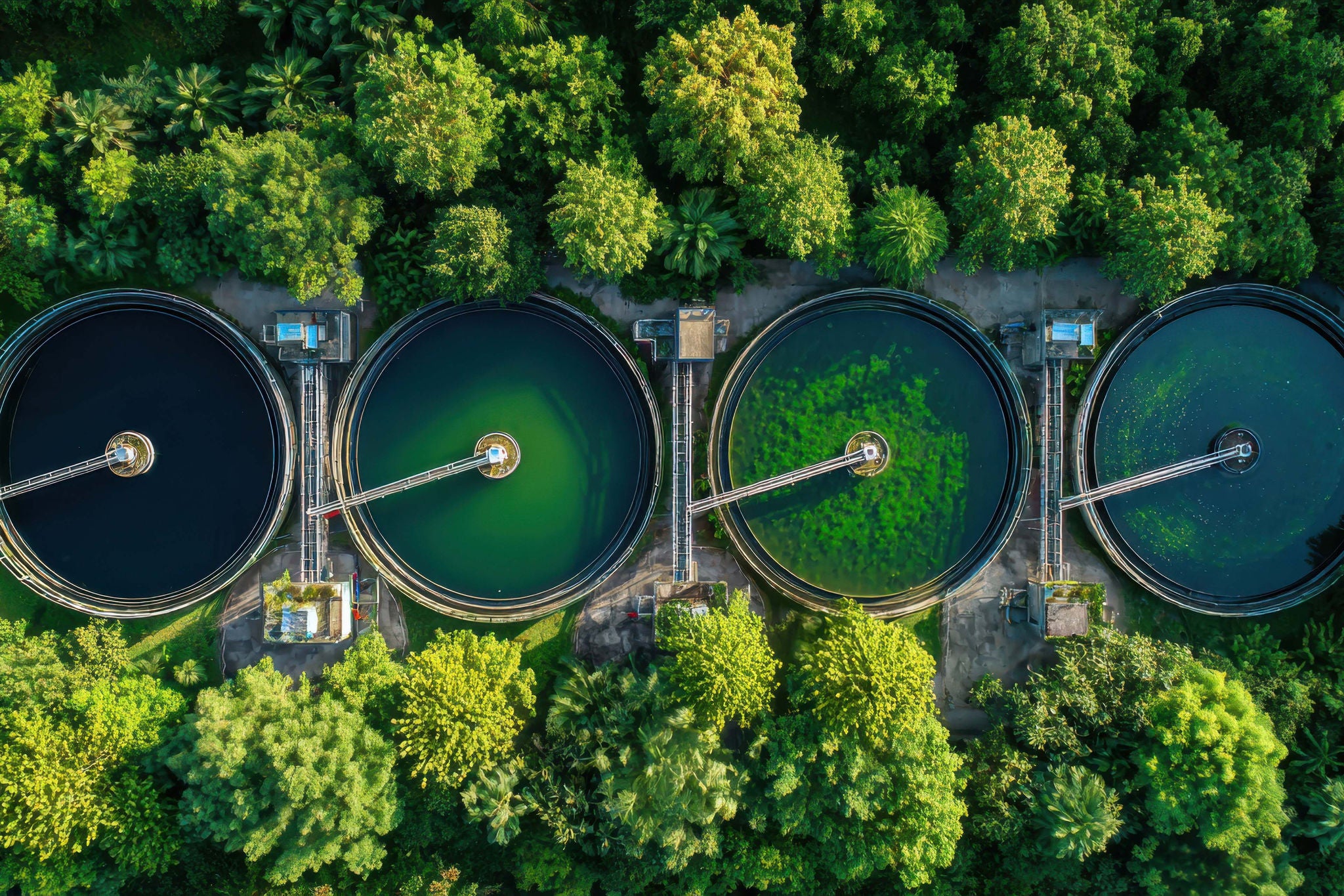 Purification Ponds: Aerial view capturing the vital process of water treatment with a network of circular ponds, a symbol of environmental stewardship.