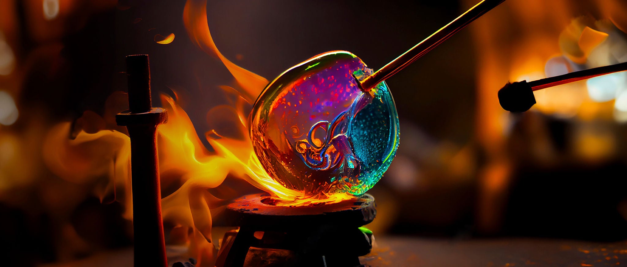 Glassblåser som danner et vakkert stykke glass. En glasskunstner brenner og blåser et kunstverk. Ai-generert.