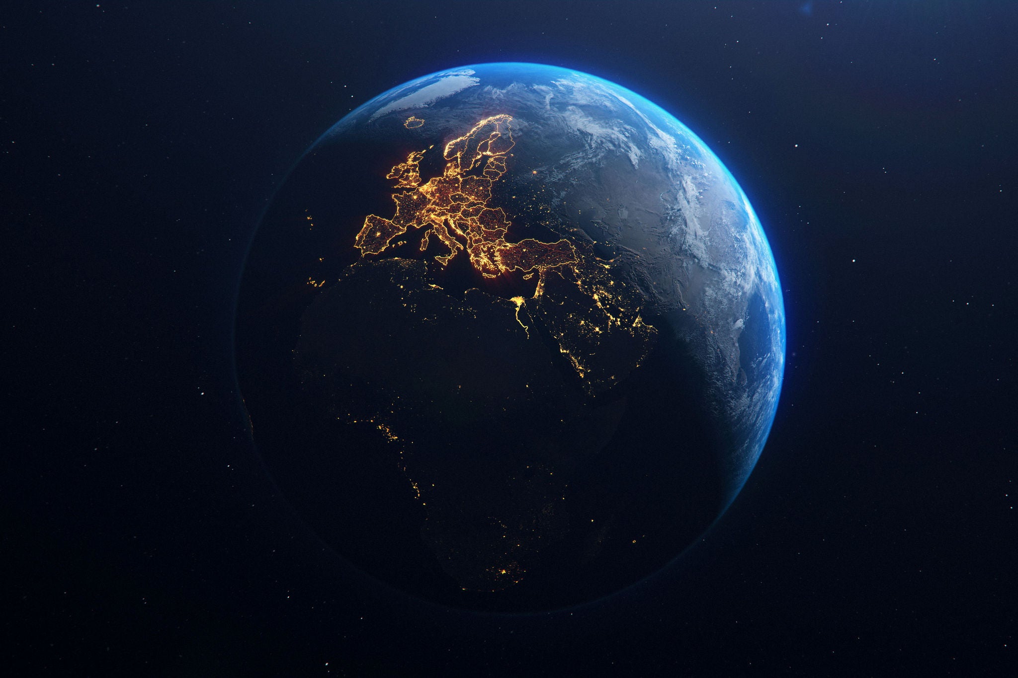 Planet Earth from Space EU European Countries orange glow highlighted, state borders and counties animation, city lights, 3d illustration