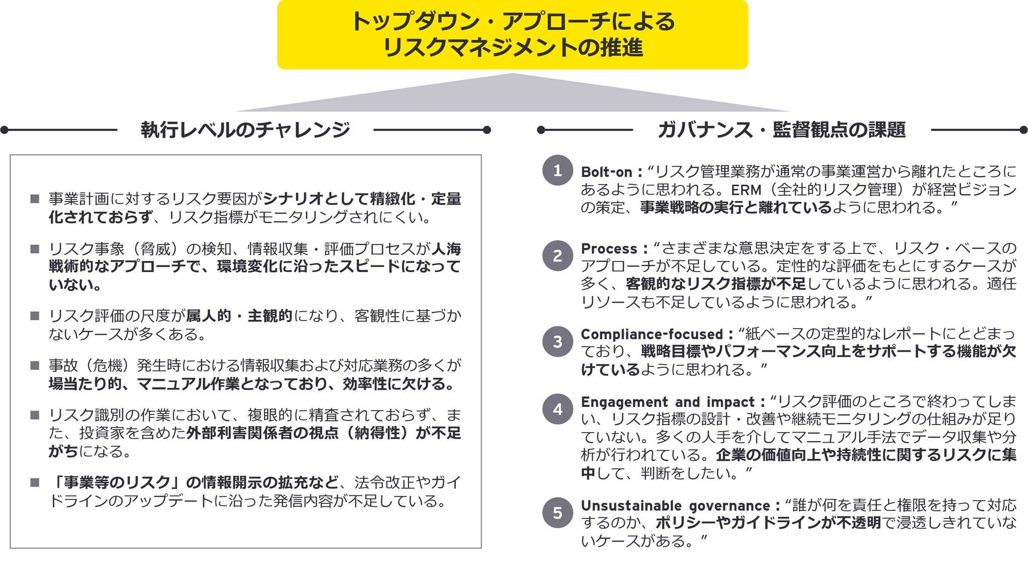 国家間の対立、デジタル技術の進化、サステナビリティの高まり等、経営環境が著しく変化していく中、企業のリスク耐性の課題が浮き彫りに