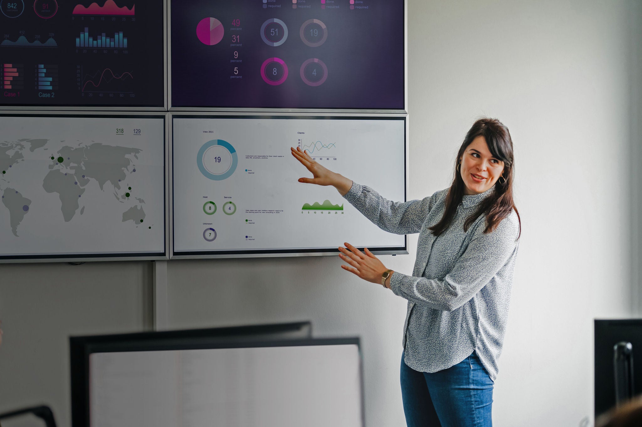 Business woman explaining graphs and data displayed on large monitors.