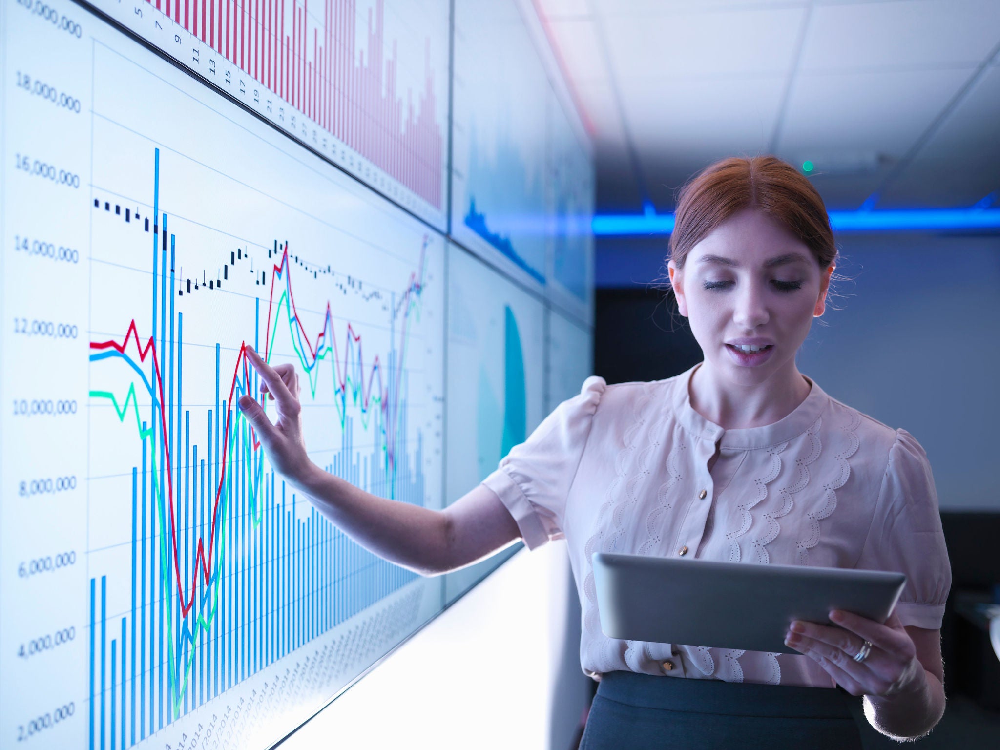 Businesswoman studying graphs on screens with digital tablet