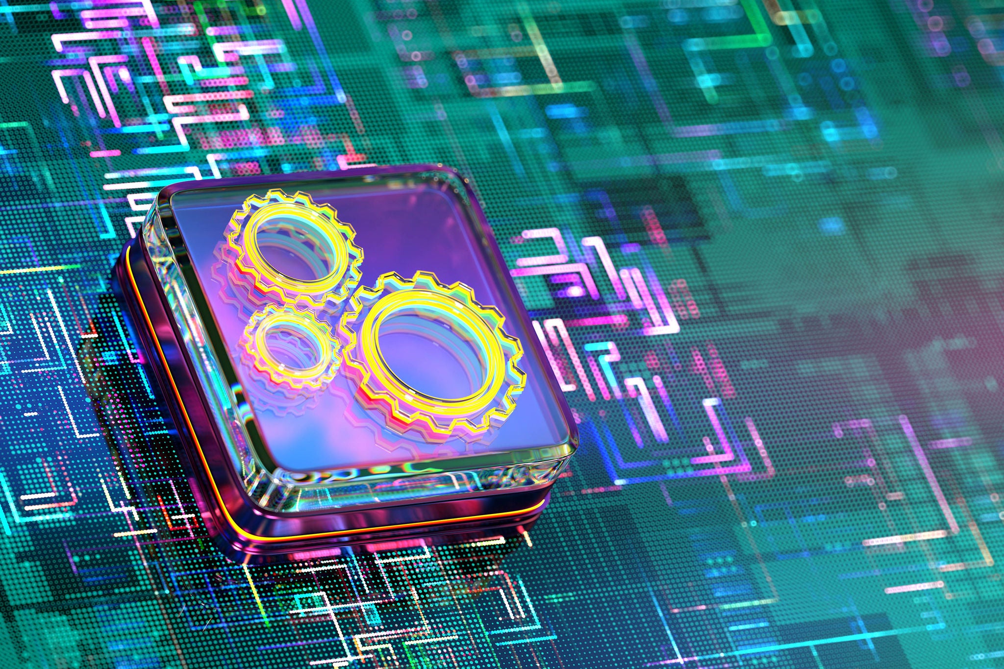 Digital gears on a futuristic circuit board