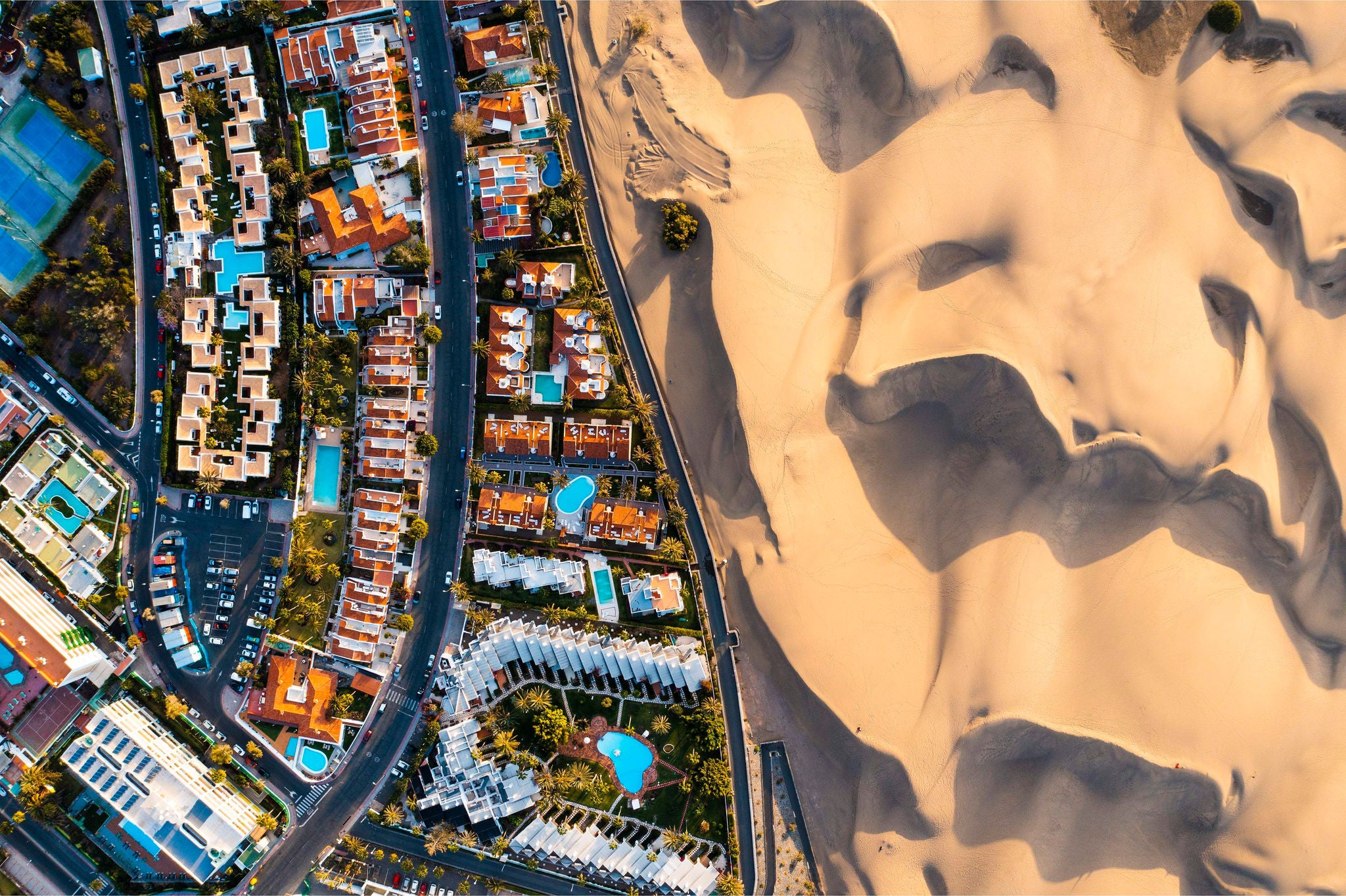 overhead view of cityscape sand dunes