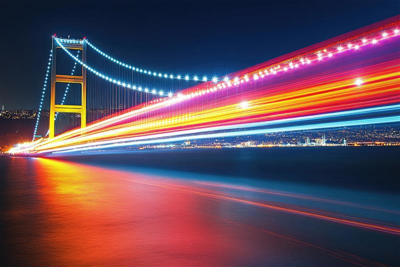 Colorful lights on suspension bridge