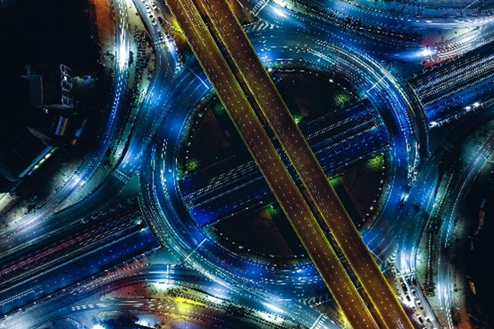 Aerial view of a brightly lit highway interchange