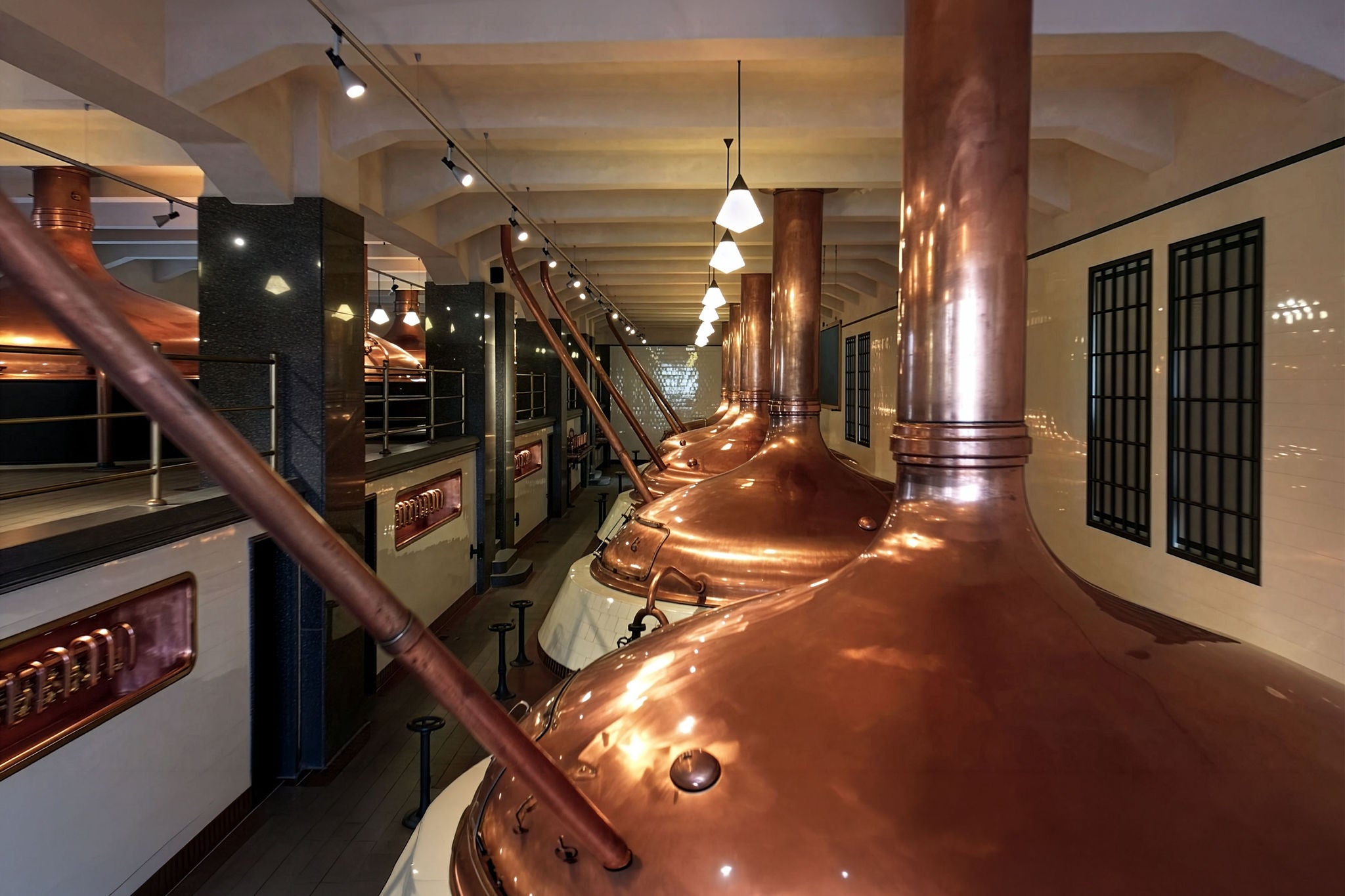 Rows of copper fermentation tanks seen inside a brewery