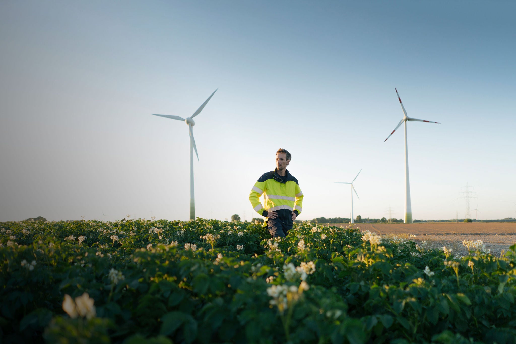 EY Engineer standing in a field at a wind farm