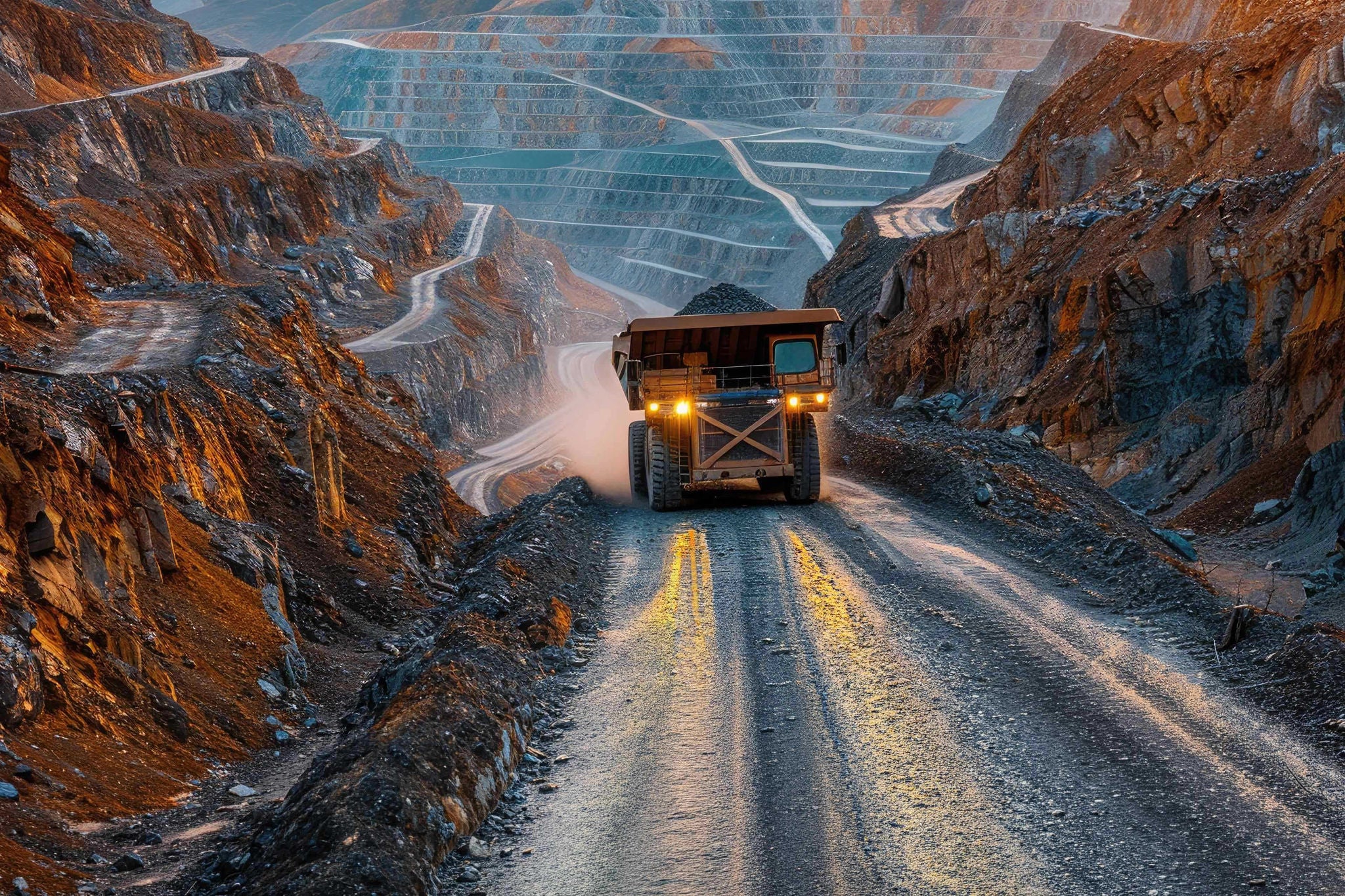 A large yellow mining haul truck driving along a terraced road in a deep open-pit mine during a hazy sunrise or sunset.