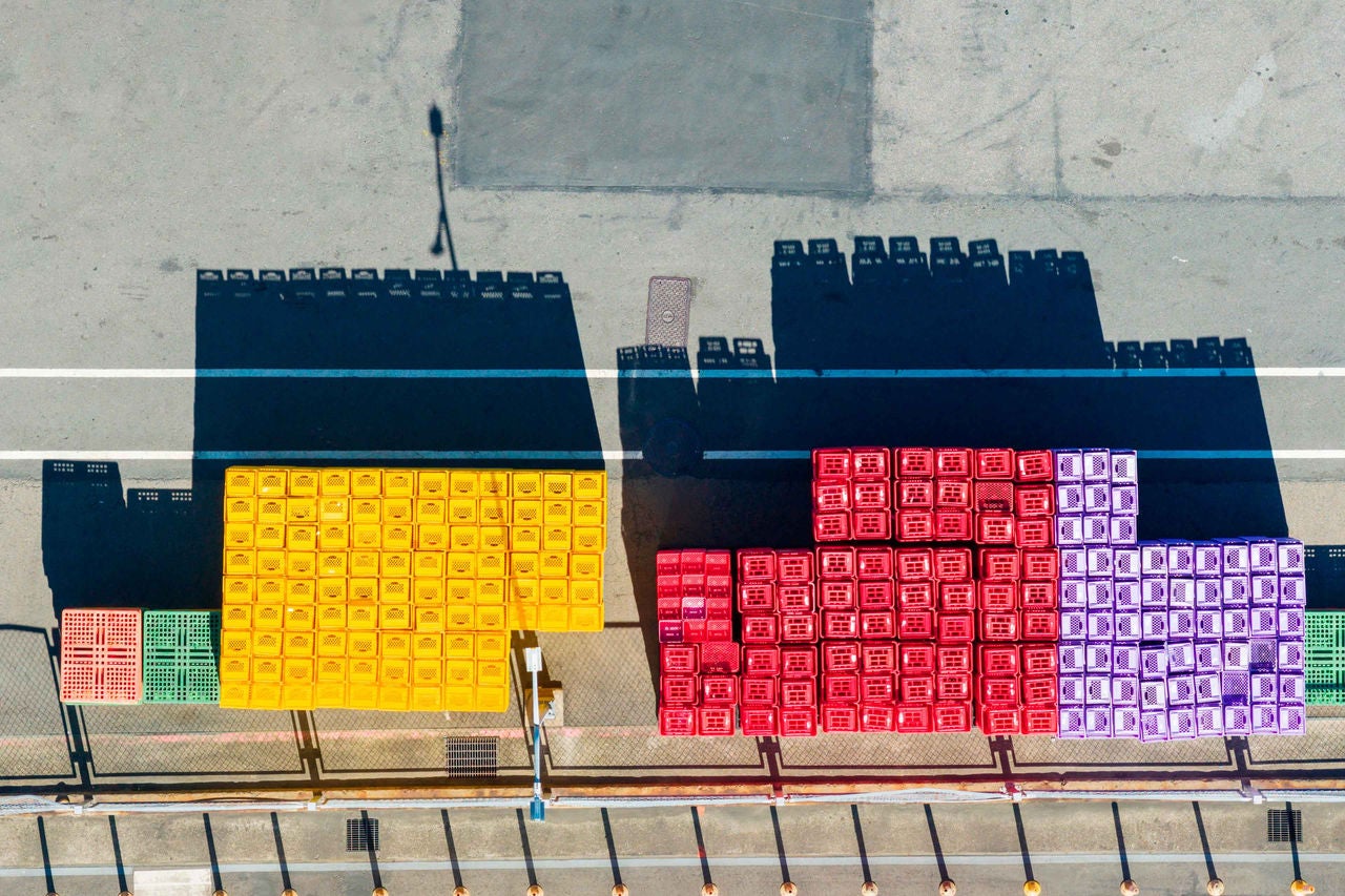 Logistics Yard Colorful Stacked Plastic Crates Top-Down View: 