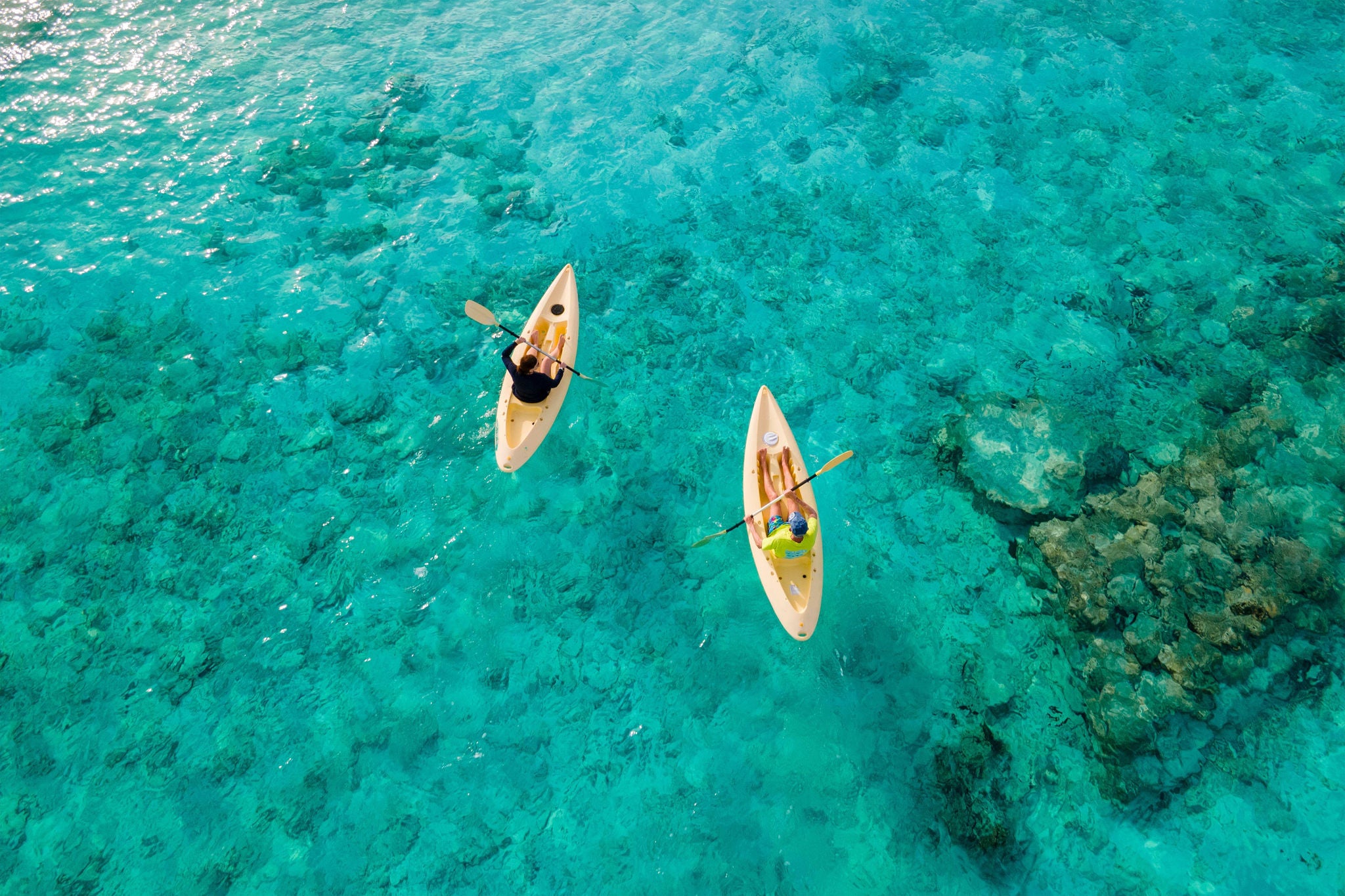 Aerial view of Kayakers on crystal clear blue ocean