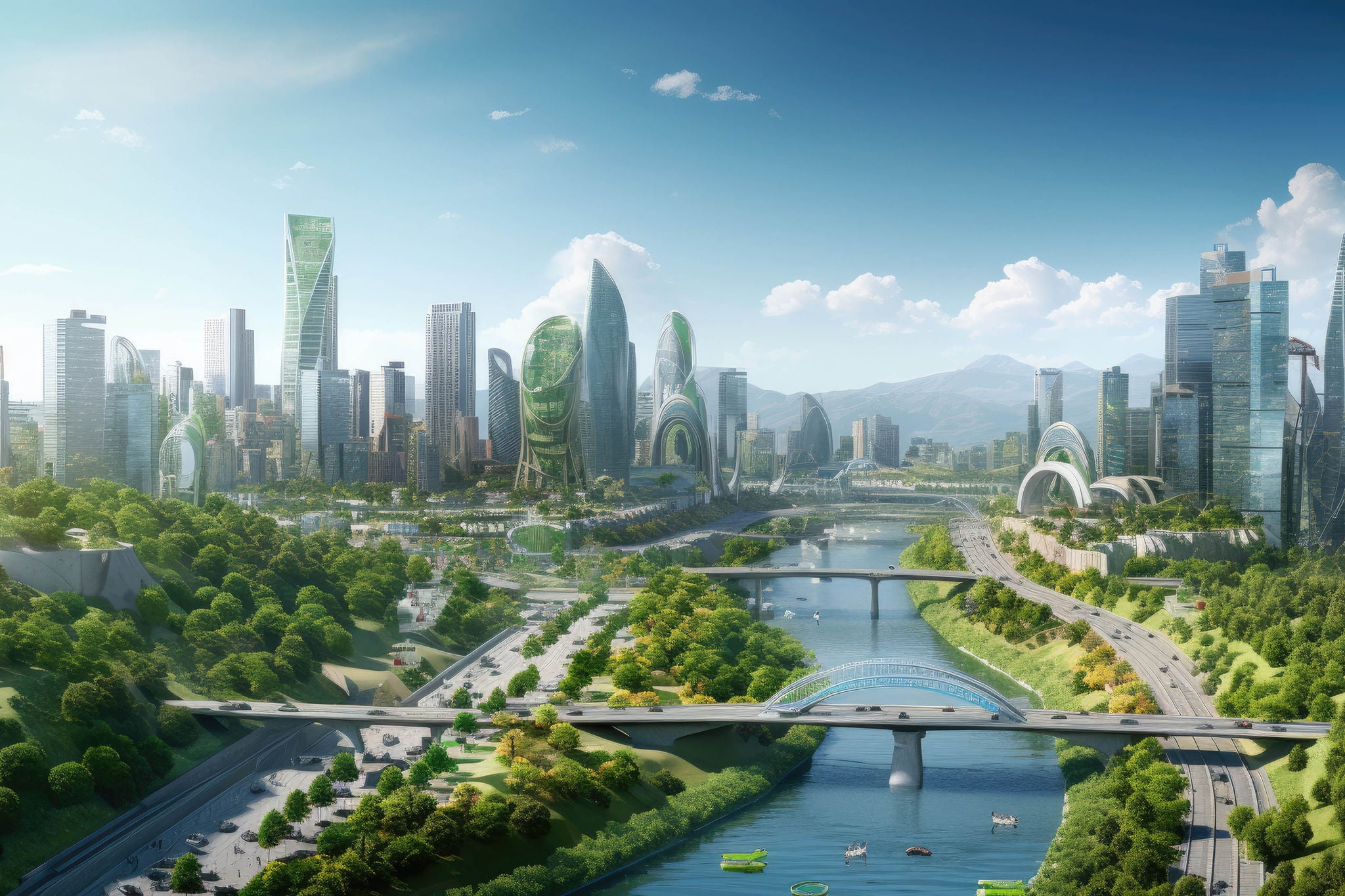 concept of city of the future based on green energy and eco industry, future city with skyscrapers and modern buildings.