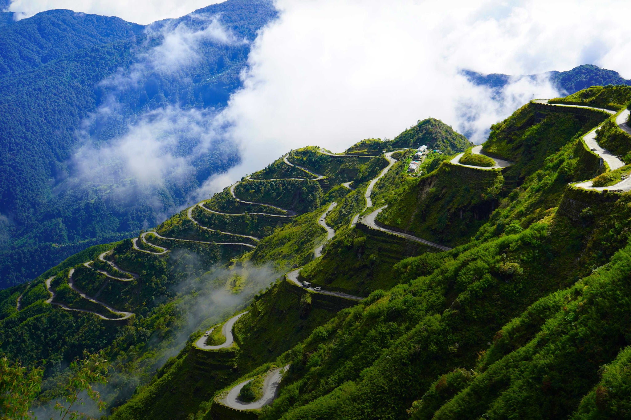 Amazing View of Old Silk Route Zig Zag Road Landscape in East Sikkim