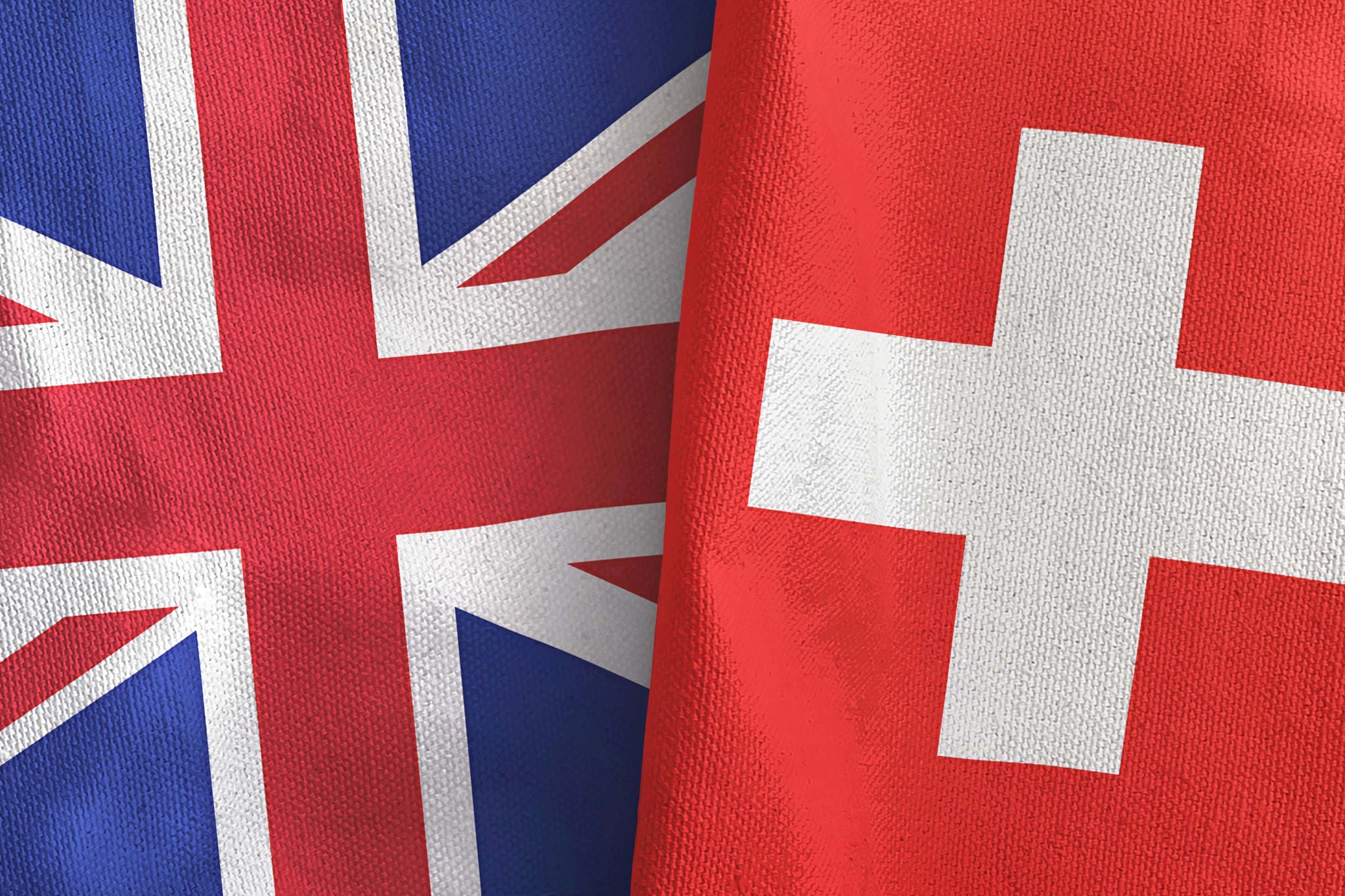 Switzerland and United Kingdom two folded flags together 3D rendering