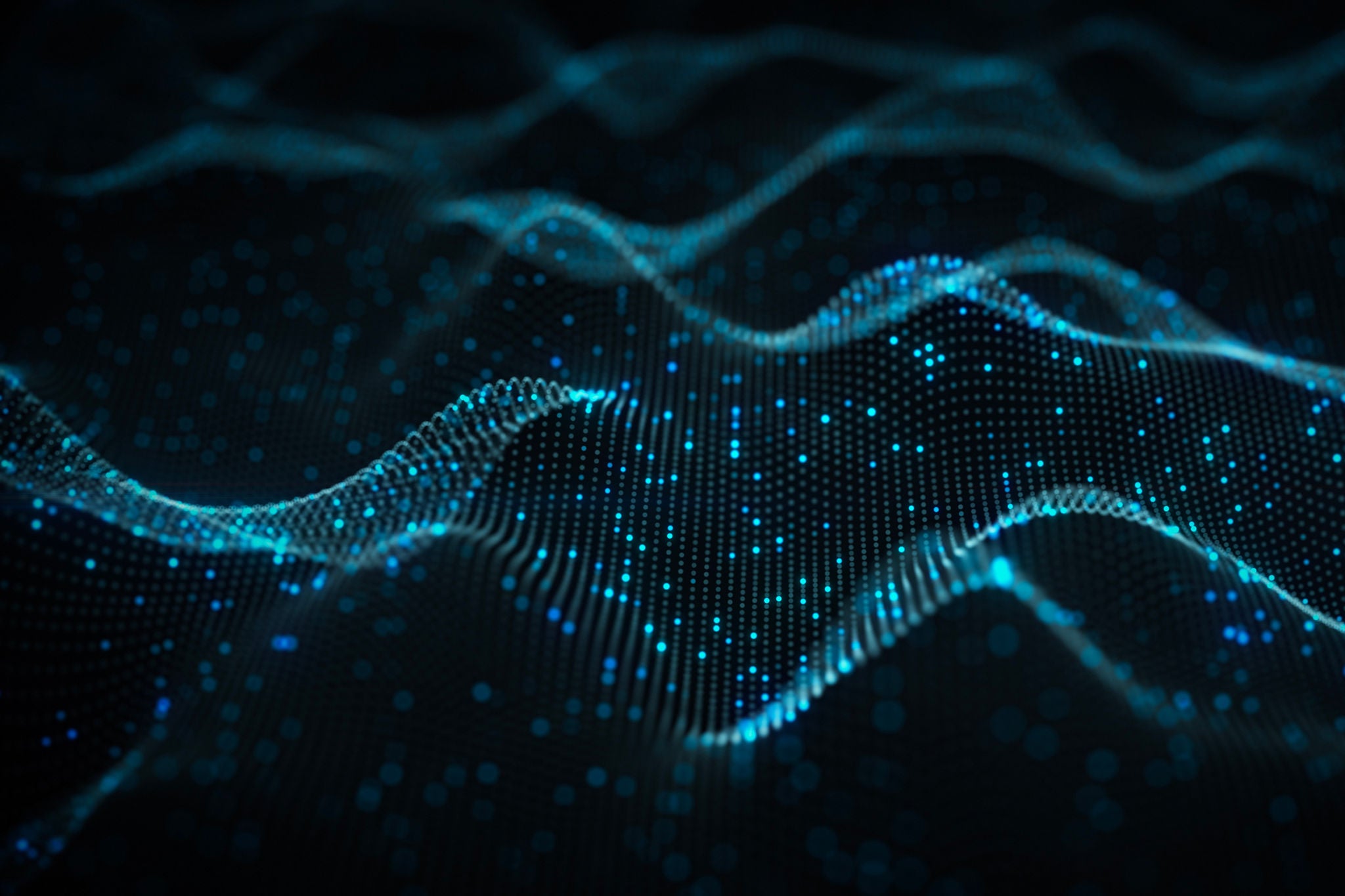 Onde numerique bleue abstraite composee de points lumineux