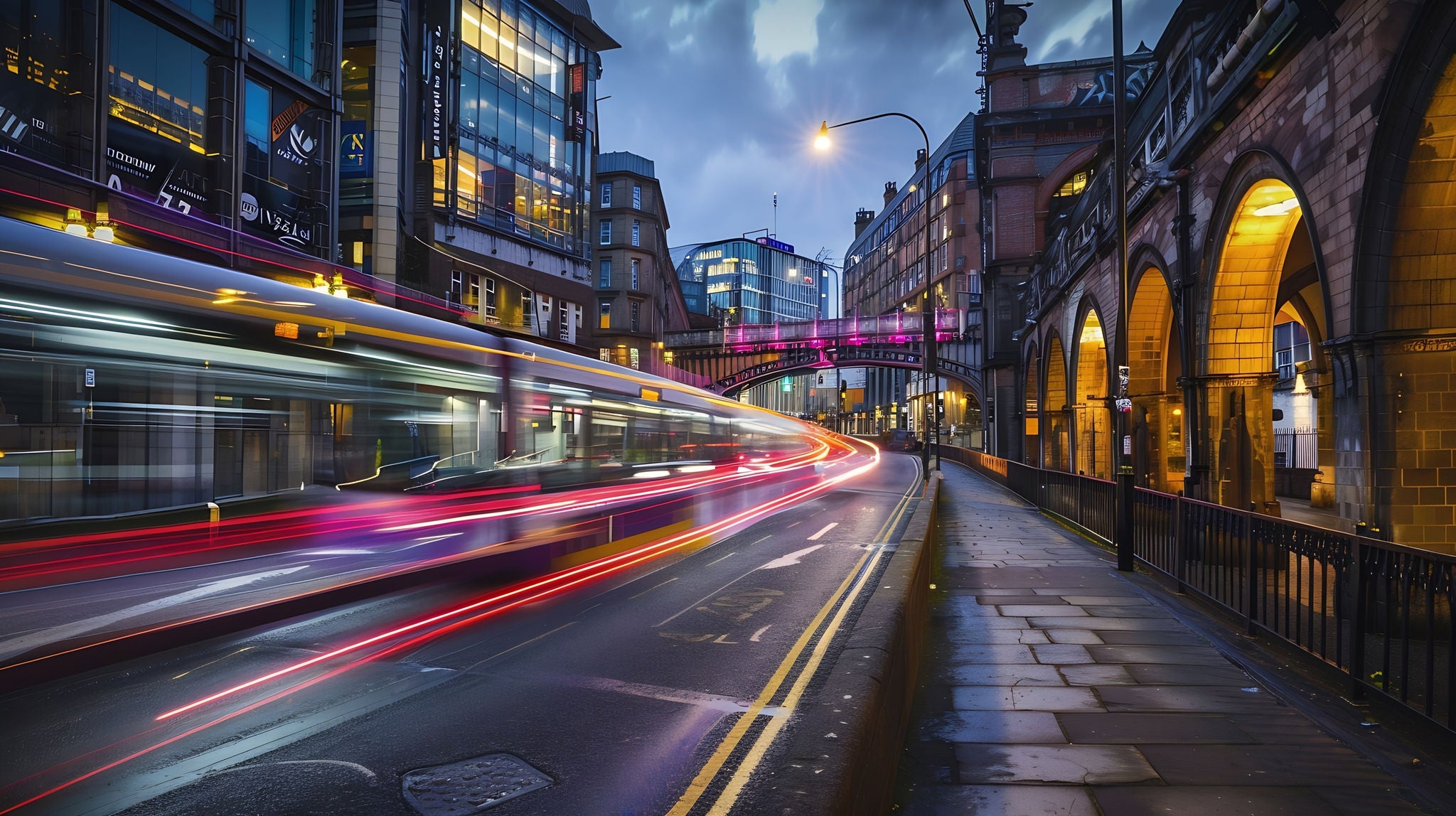Uk england manchester long exposure of city street at night : Generative AI