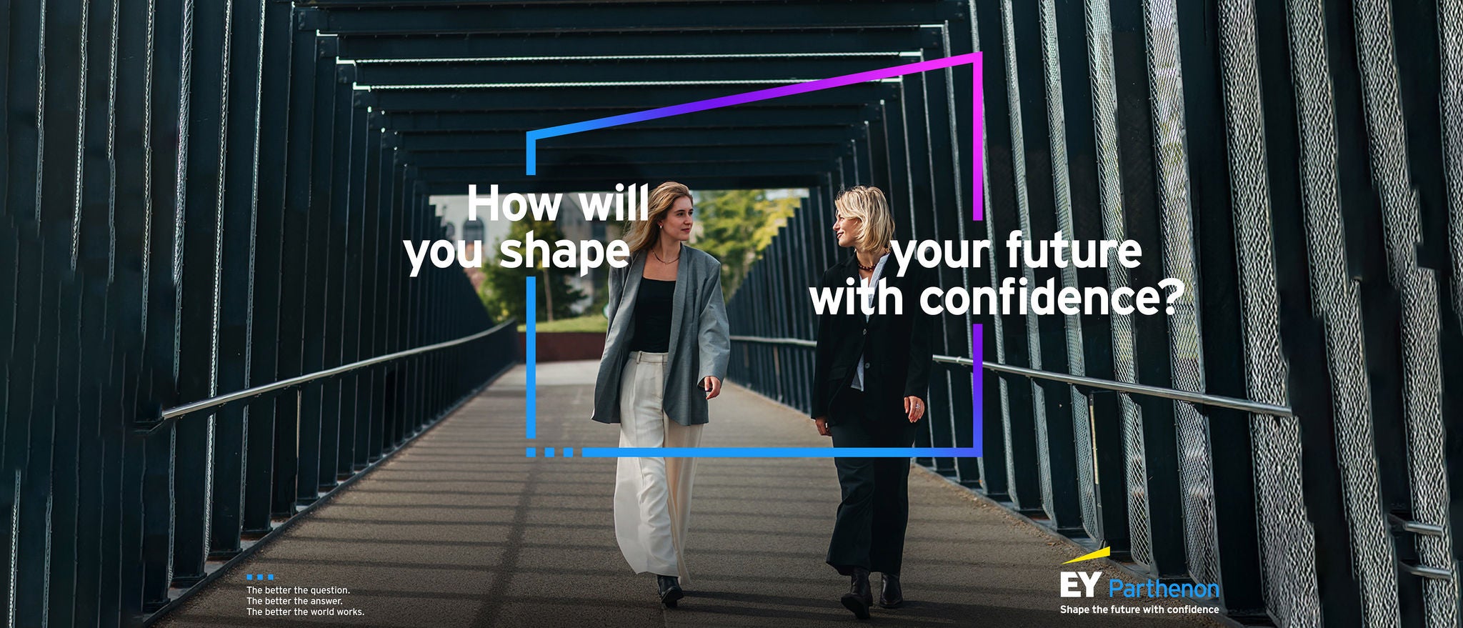 Two professionals walking across a geometric steel bridge in an urban environment