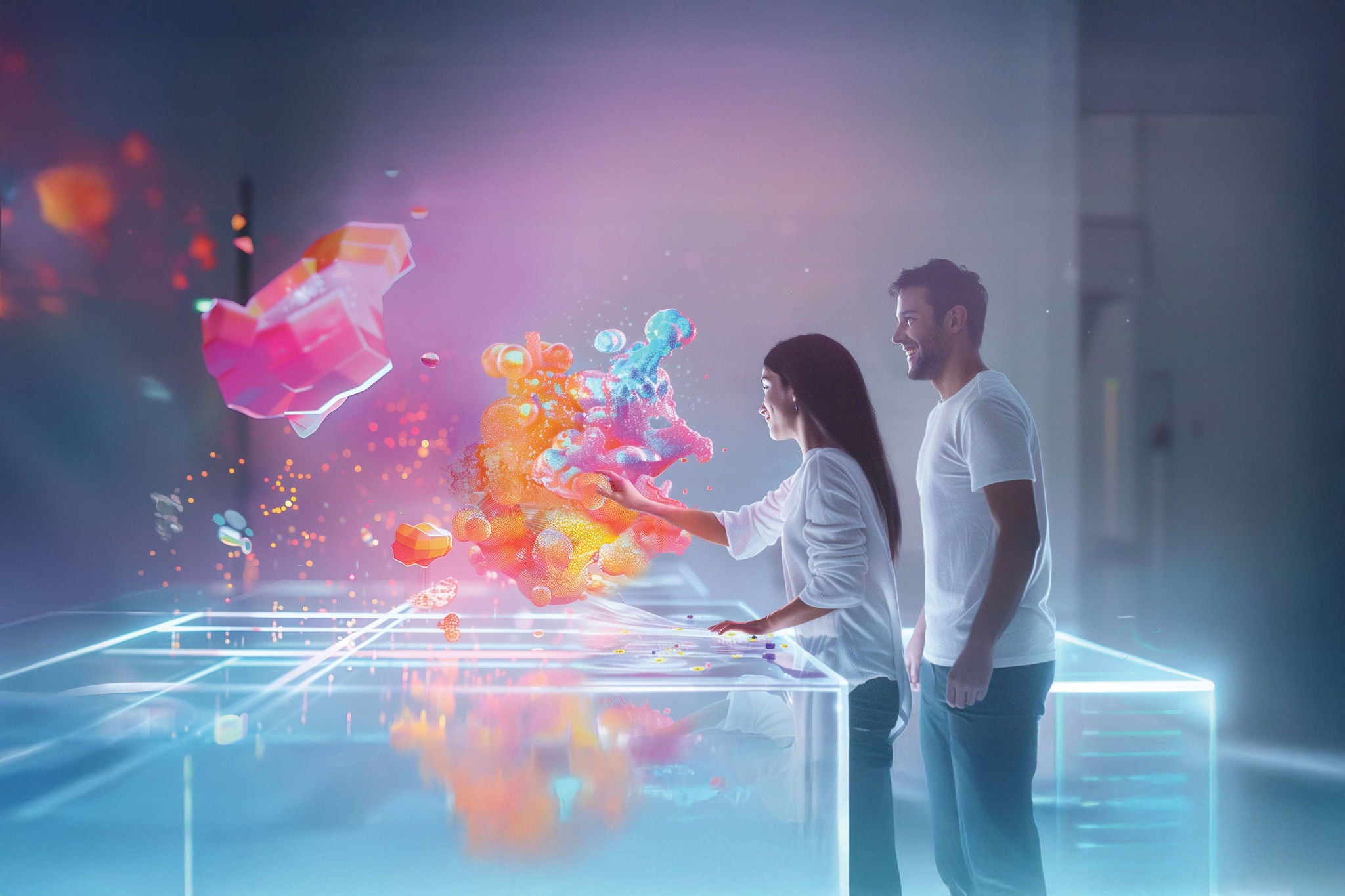 Personen interagieren mit bunten 3D-Hologrammen auf einem digitalen Tisch