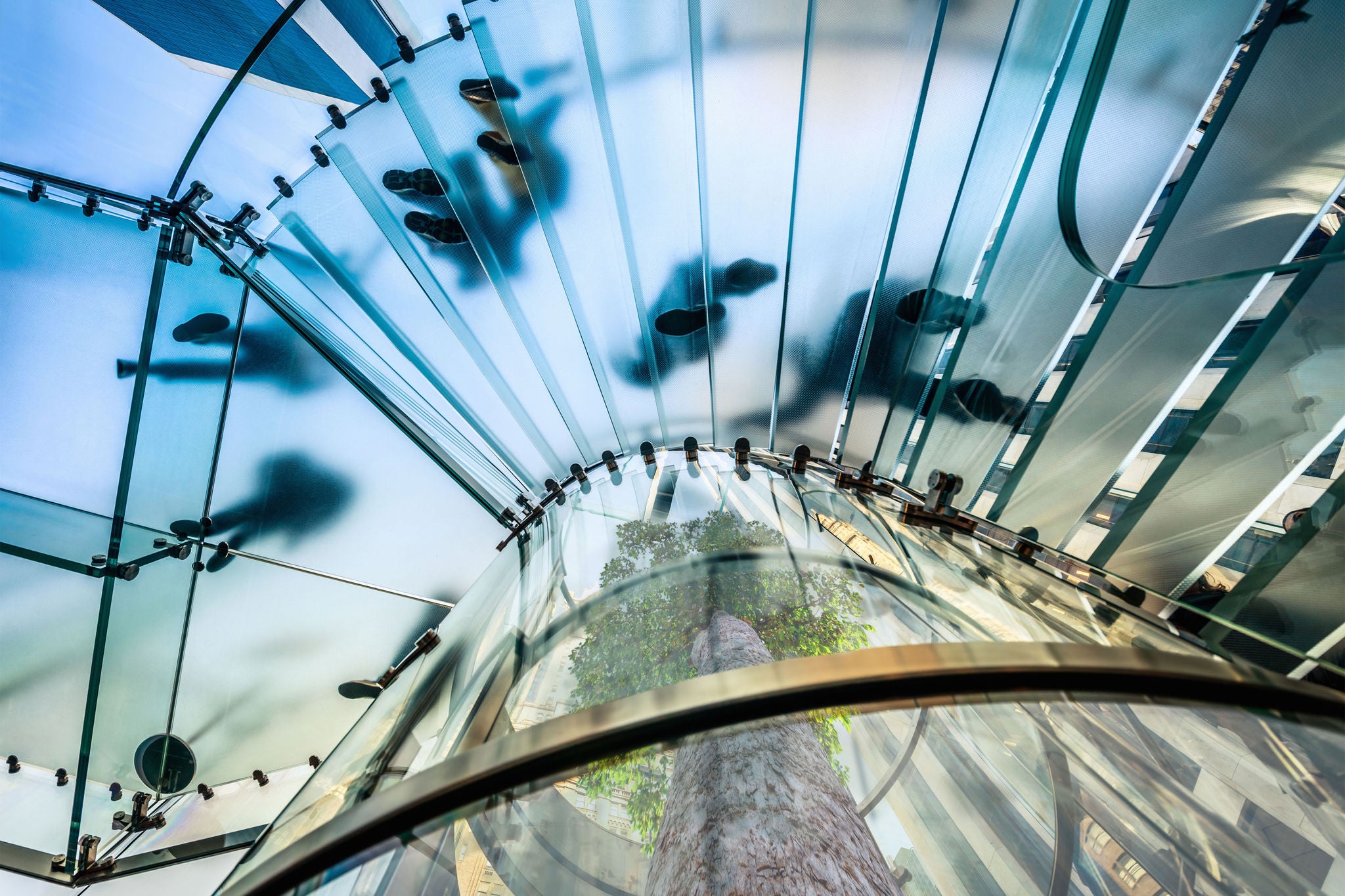 Människor går i en transparent spiraltrappa gjord av glas