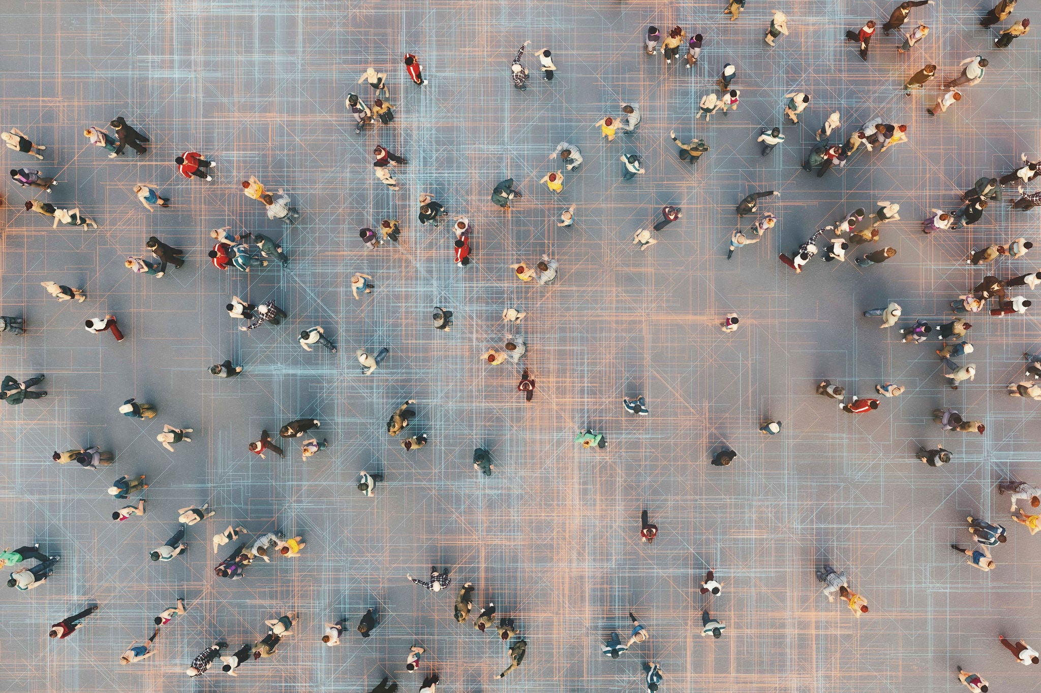 Abstract crowds of people with virtual reality street display. This is entirely 3D generated image.