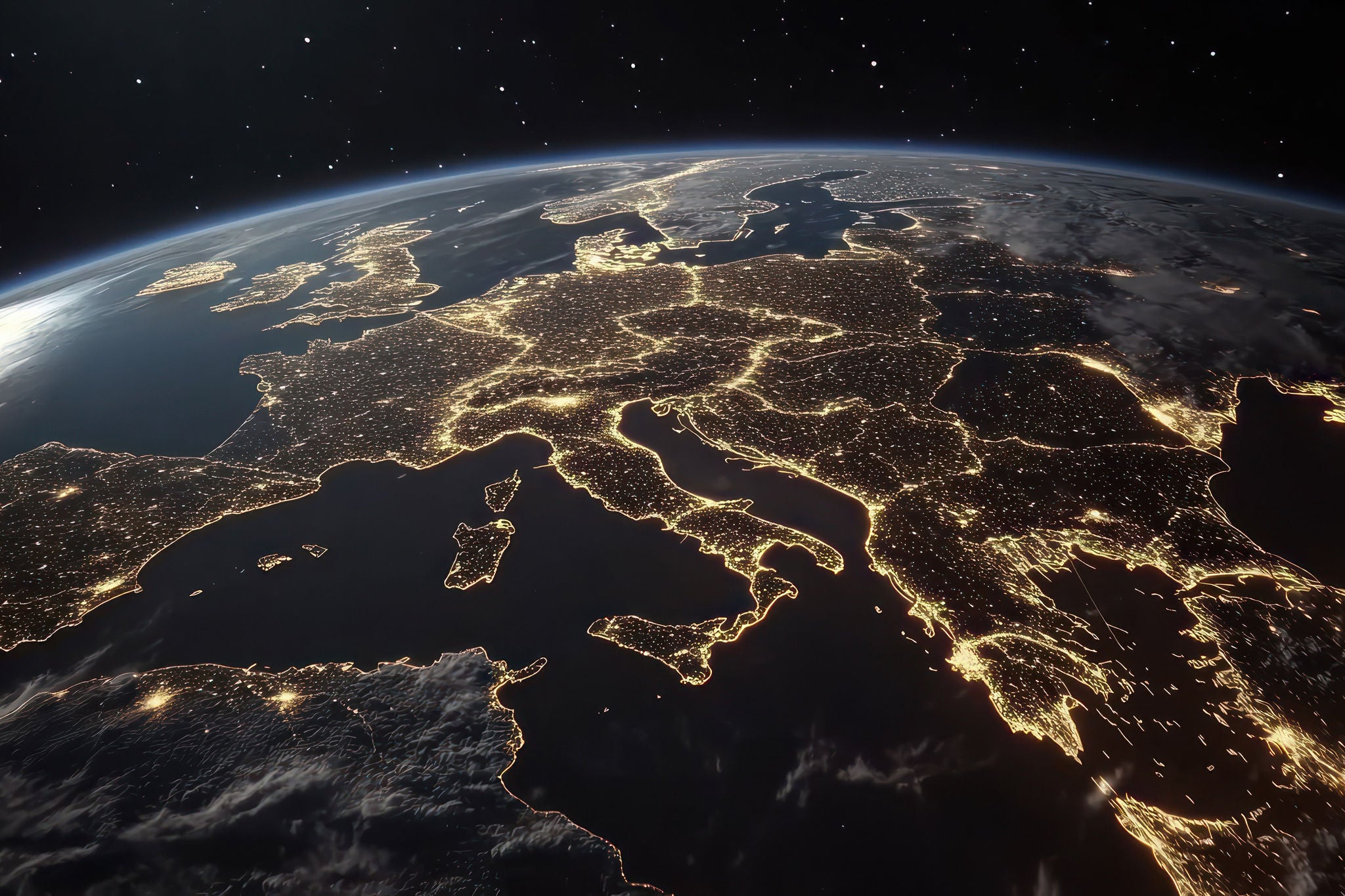 Vue satellite nocturne de l’Europe illuminée par les lumières urbaines
