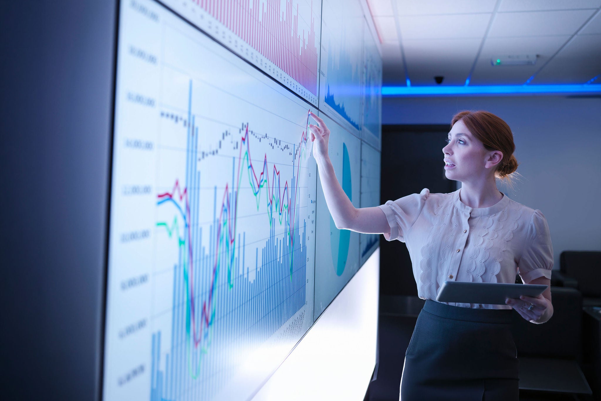 Businesswoman studying graphs on screens