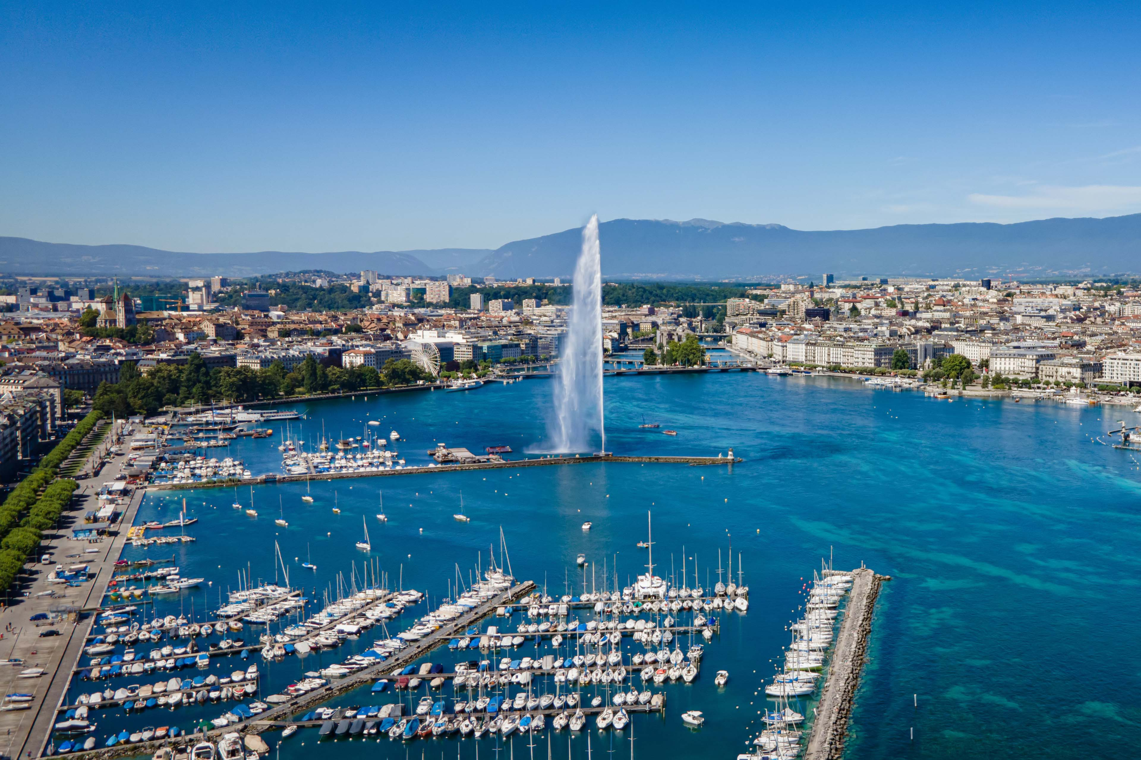 Aeial view over Lake Geneva in Switzerland - drone photography