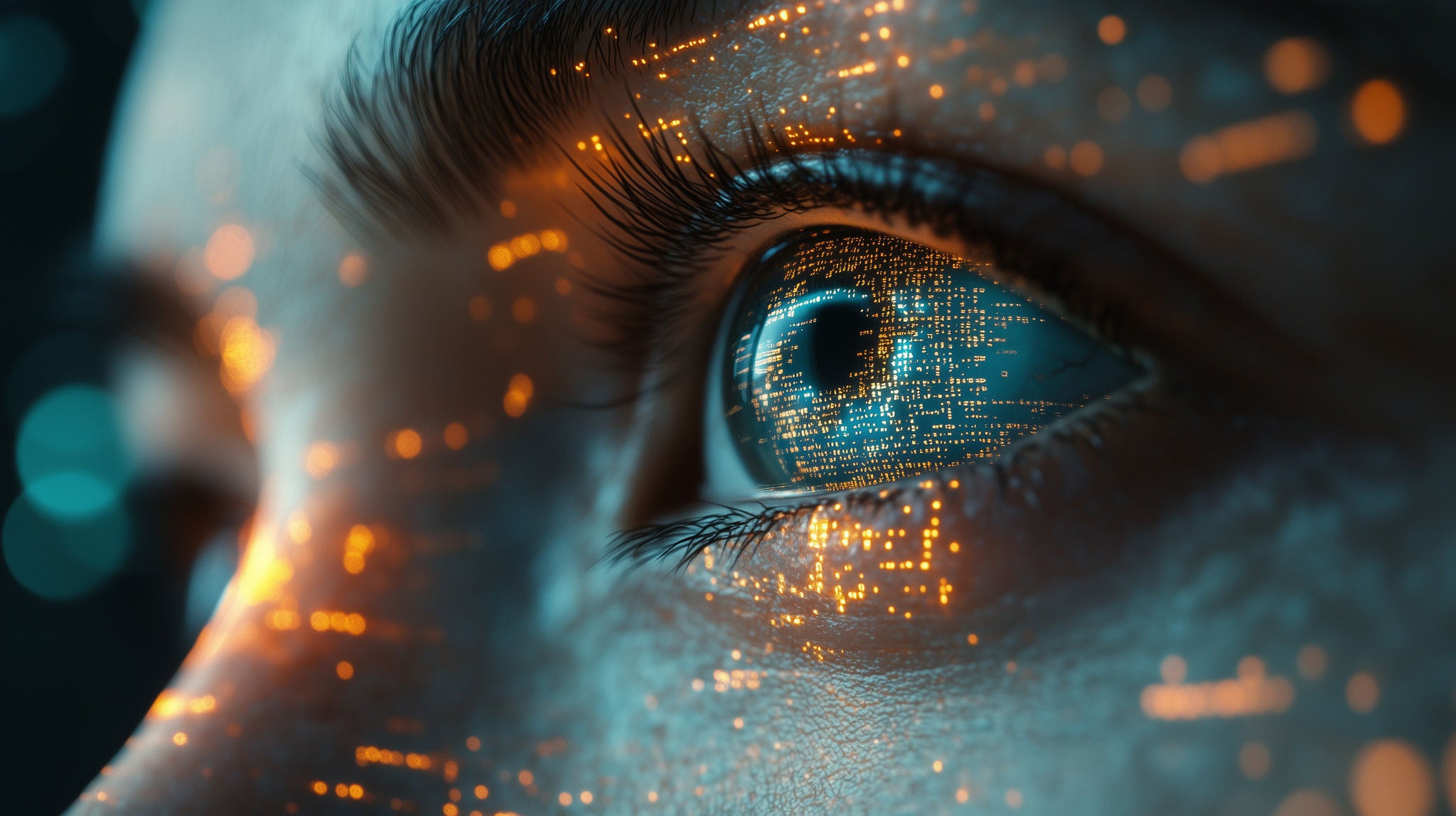 Close-up of woman’s profile with digital data overlay, blending human features with futuristic AI technology.